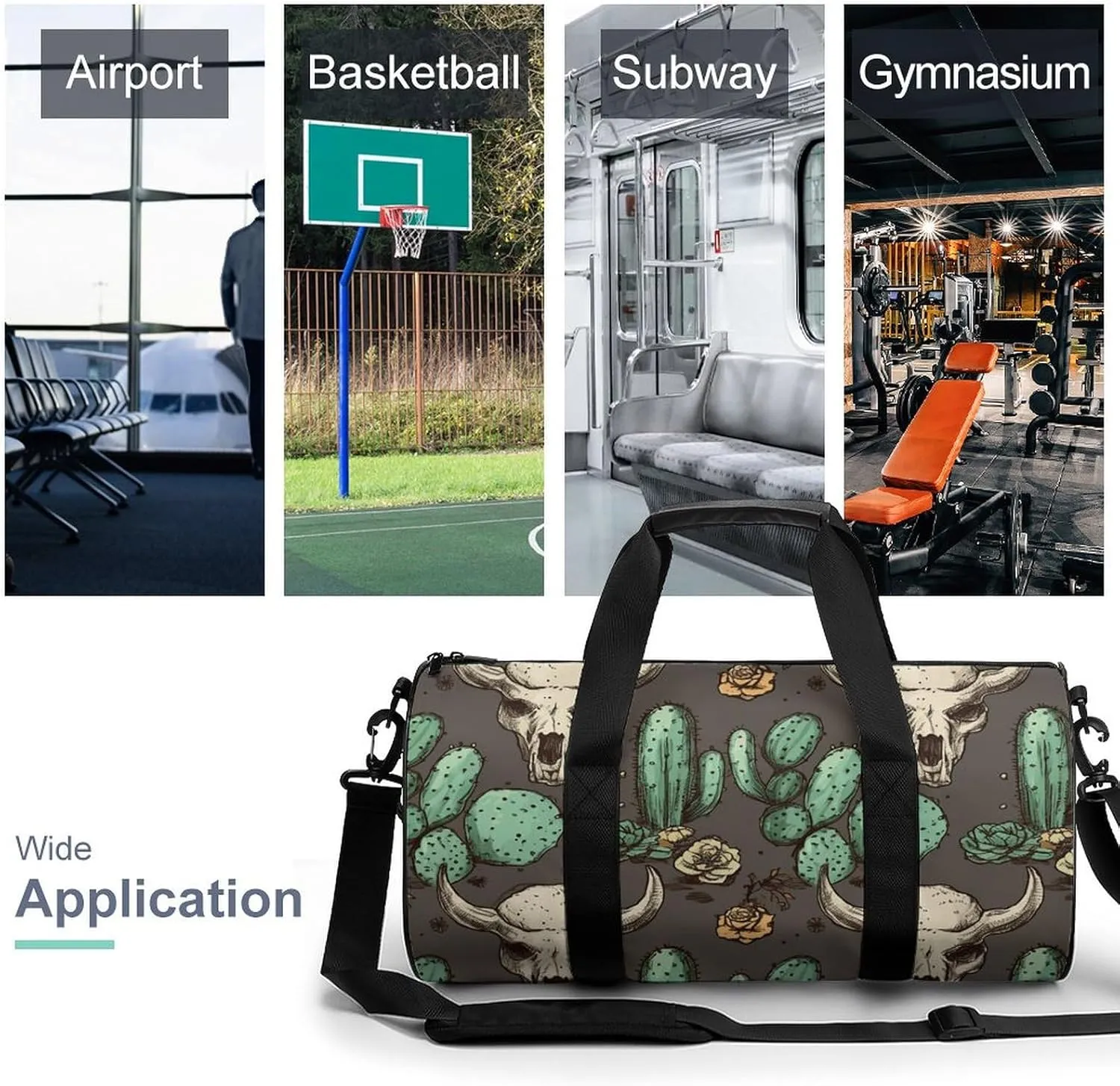 Duffel Bag for Men Women Gym Bag Skull of Bull And Cute Cactus Travel Duffel Bag Waterproof Overnight Bag for Sports Workout