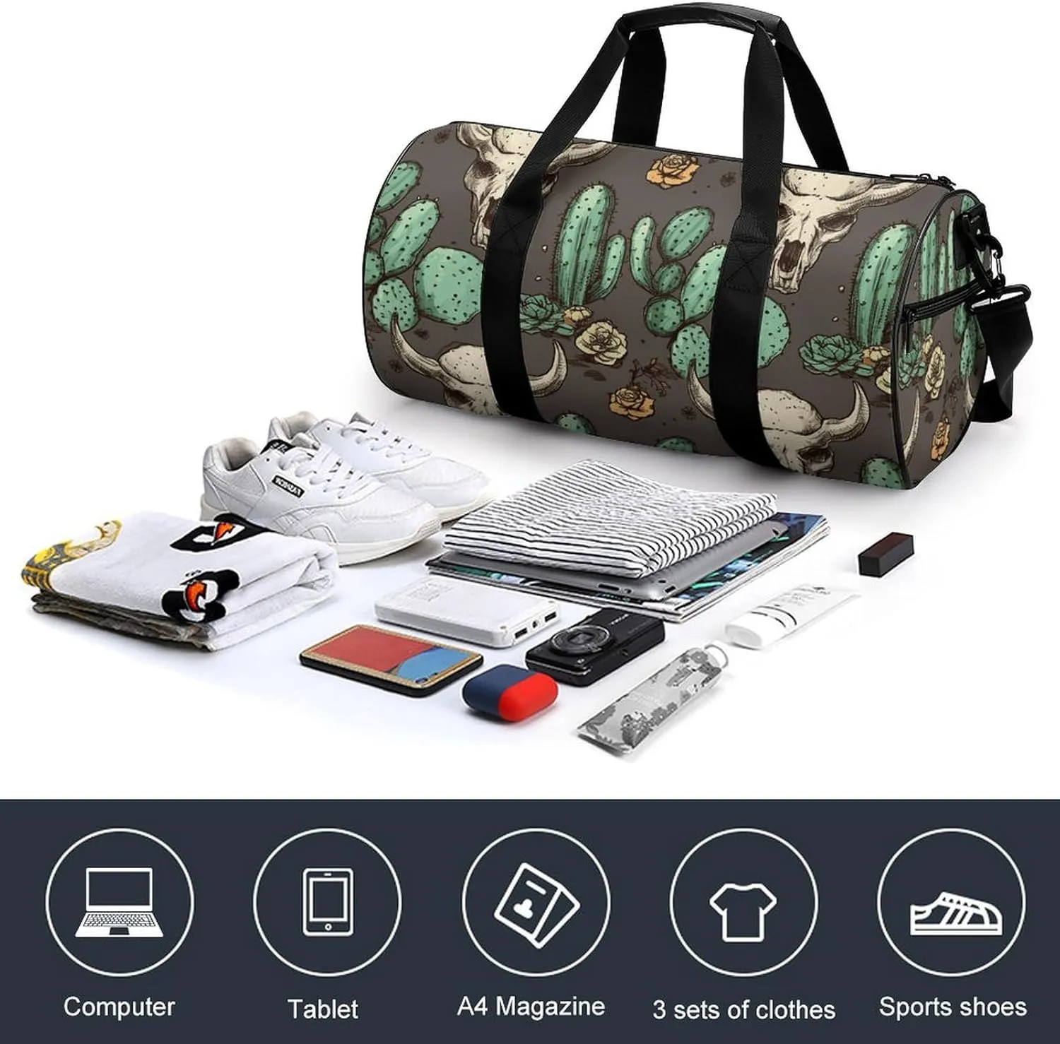 Duffel Bag for Men Women Gym Bag Skull of Bull And Cute Cactus Travel Duffel Bag Waterproof Overnight Bag for Sports Workout