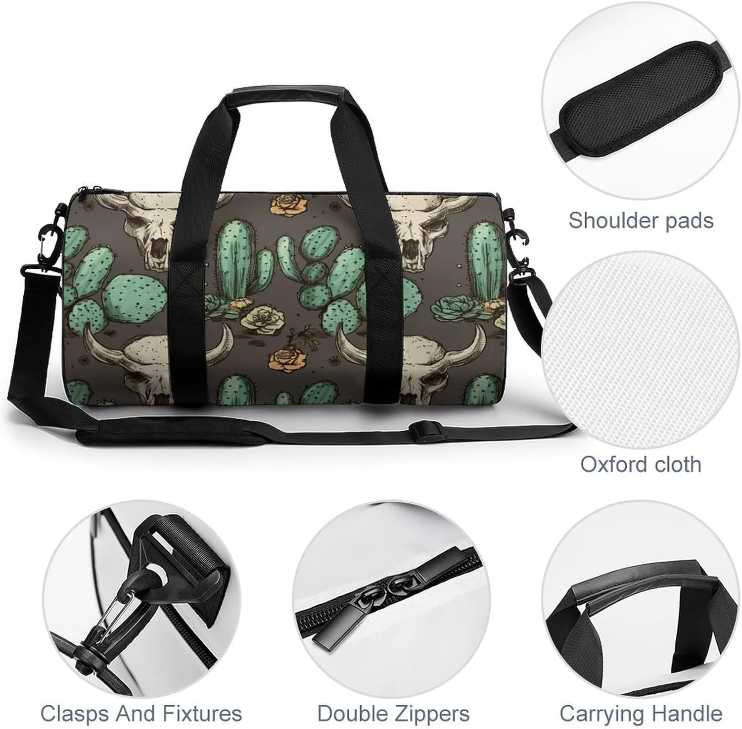 Duffel Bag for Men Women Gym Bag Skull of Bull And Cute Cactus Travel Duffel Bag Waterproof Overnight Bag for Sports Workout