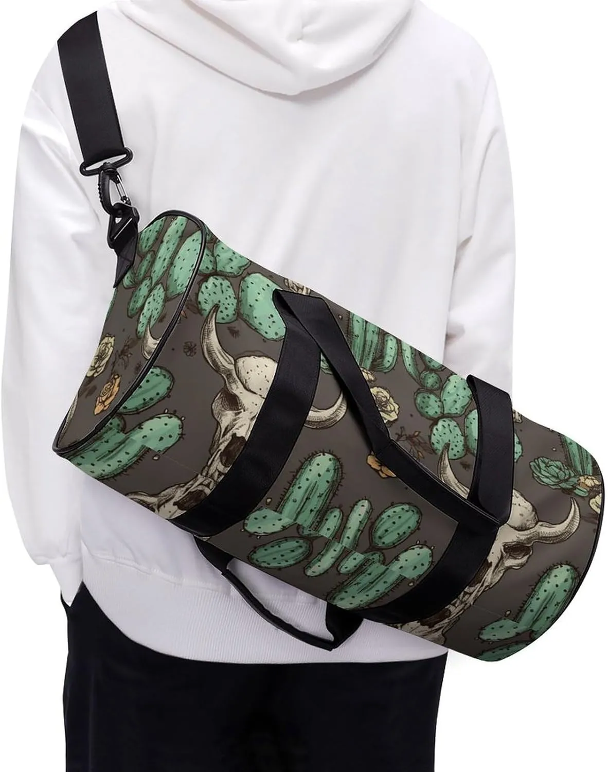Duffel Bag for Men Women Gym Bag Skull of Bull And Cute Cactus Travel Duffel Bag Waterproof Overnight Bag for Sports Workout