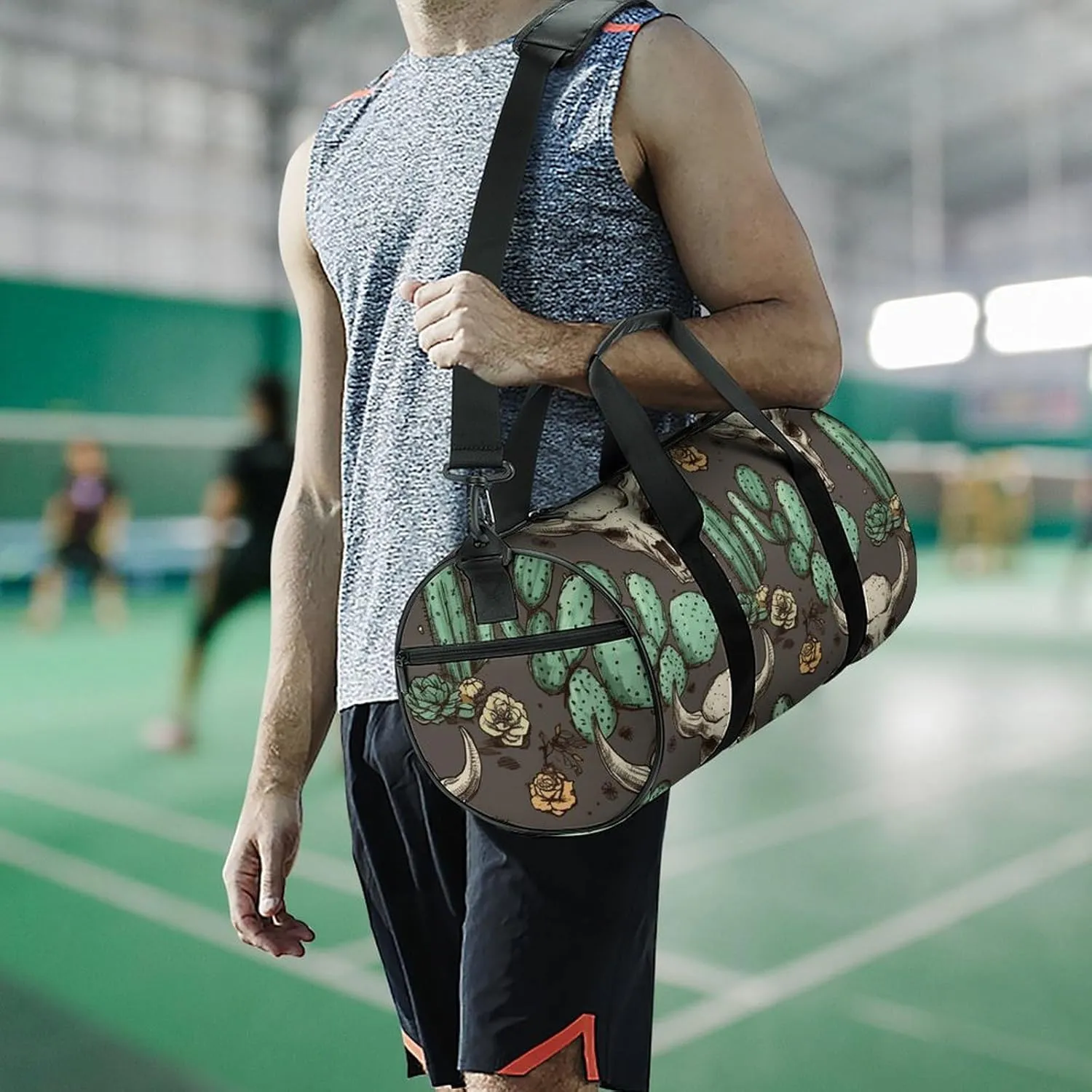 Duffel Bag for Men Women Gym Bag Skull of Bull And Cute Cactus Travel Duffel Bag Waterproof Overnight Bag for Sports Workout