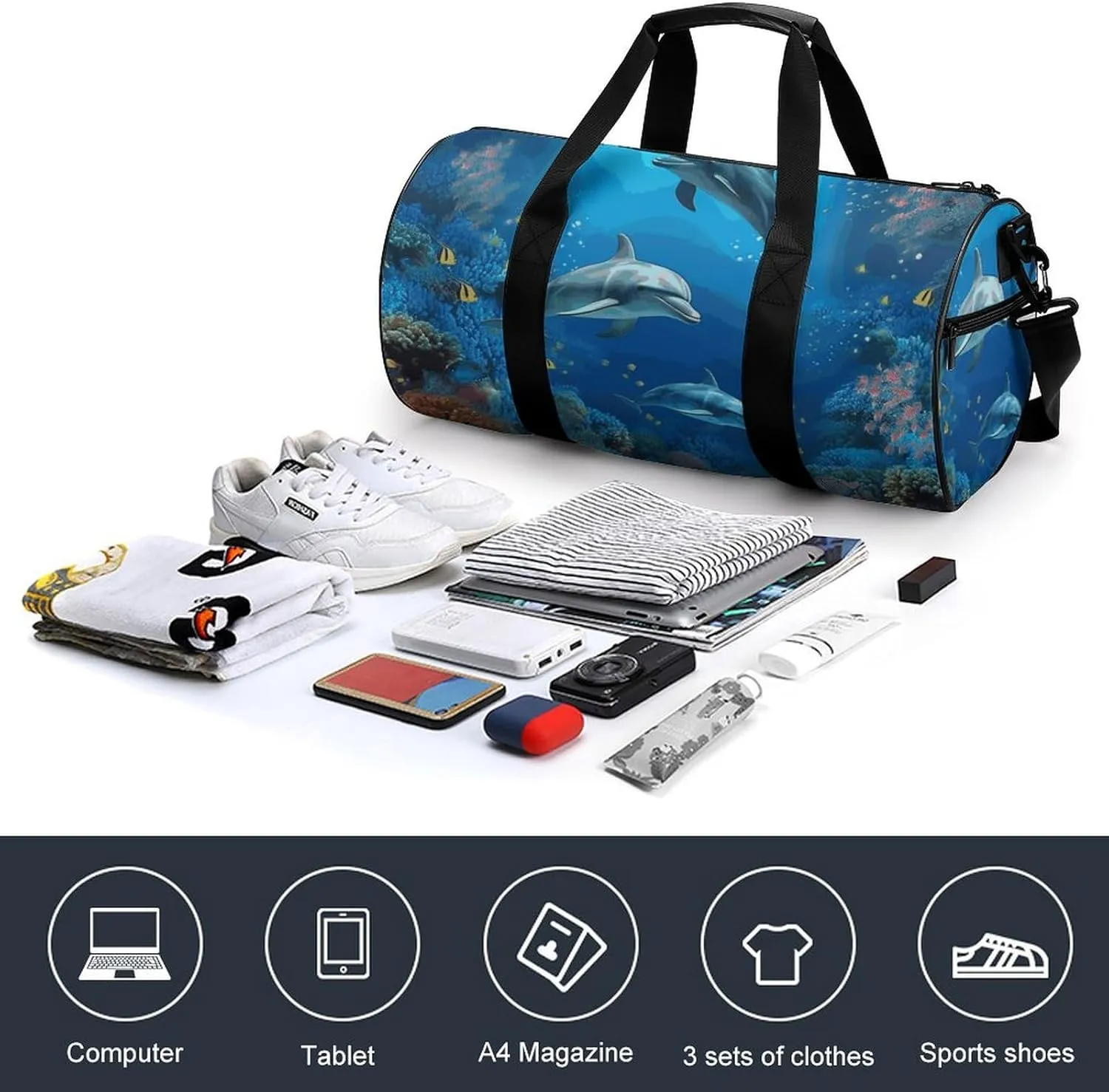 Duffel Bag for Men Women Gym Bag Underwater World Dolphins Coral Travel Duffel Bag Waterproof Overnight Bag for Sports Workout