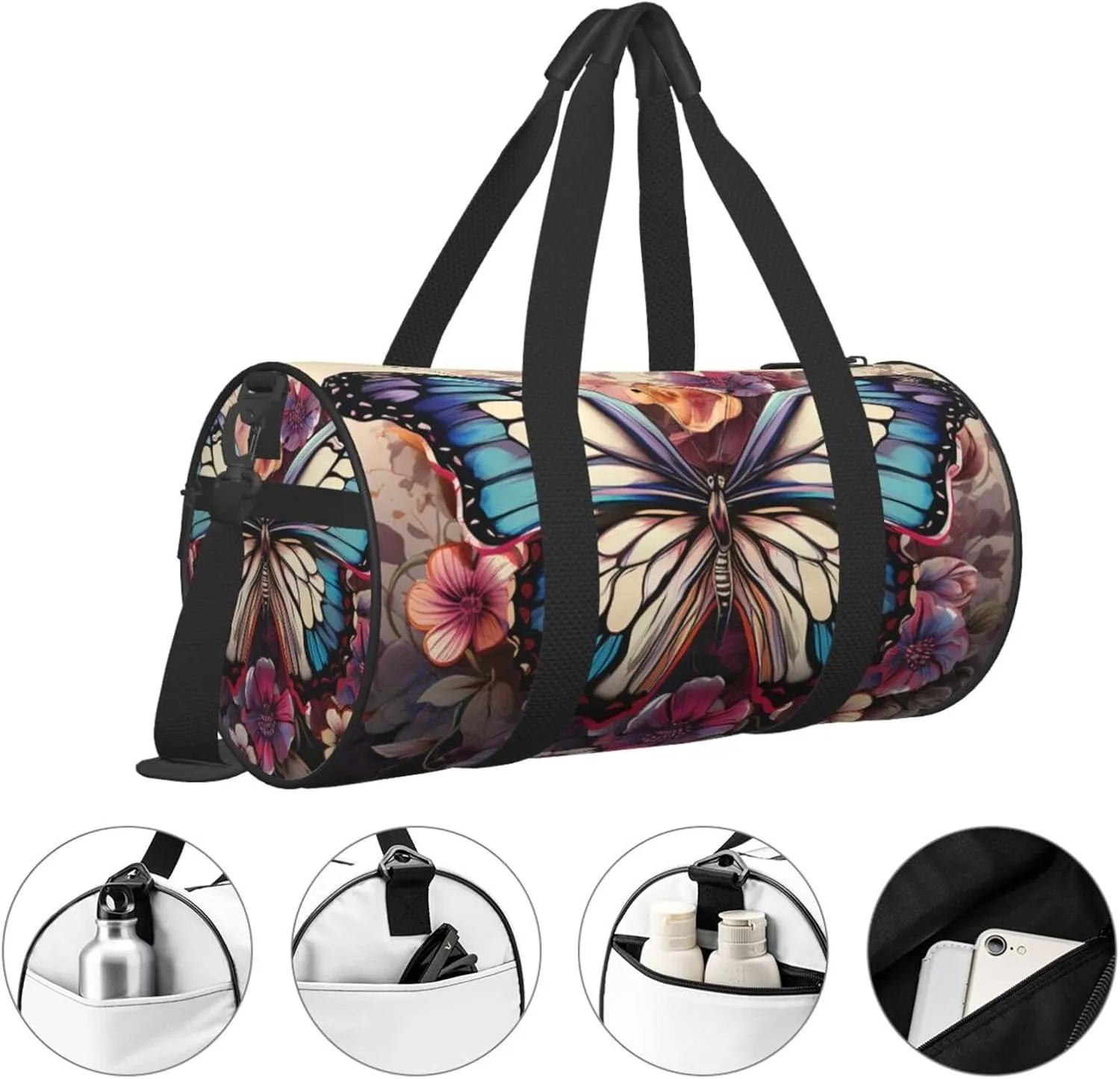 Duffel Bag for Men Women Small Gym Bag Butterfly Floral Travel Duffel Bag Waterproof Overnight Bag for Sports Workout