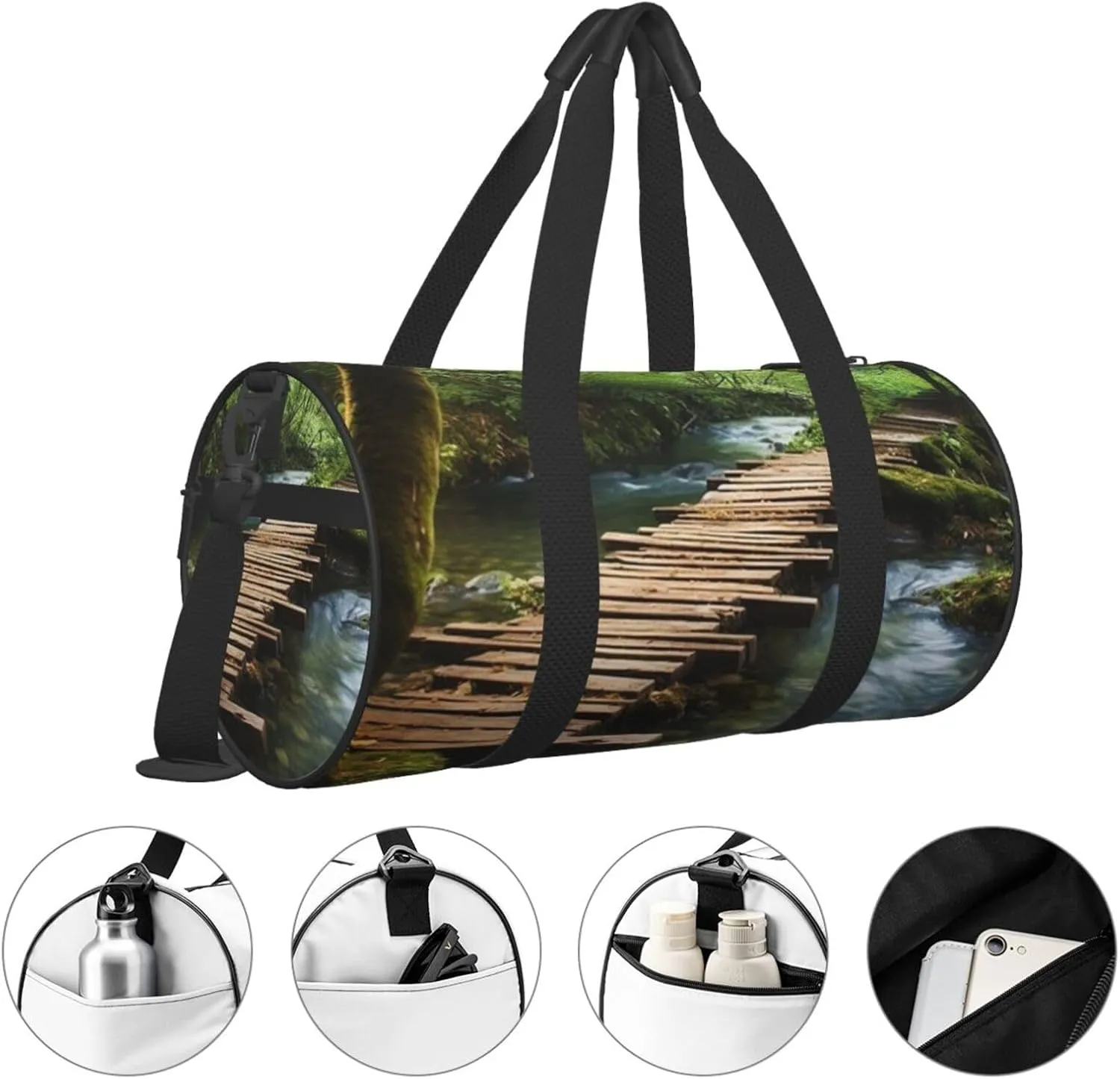 Duffel Bag for Men Women Small Gym Bag Wooden Bridge Stream Water Travel Duffel Bag Waterproof Overnight Bag for Sports Workout