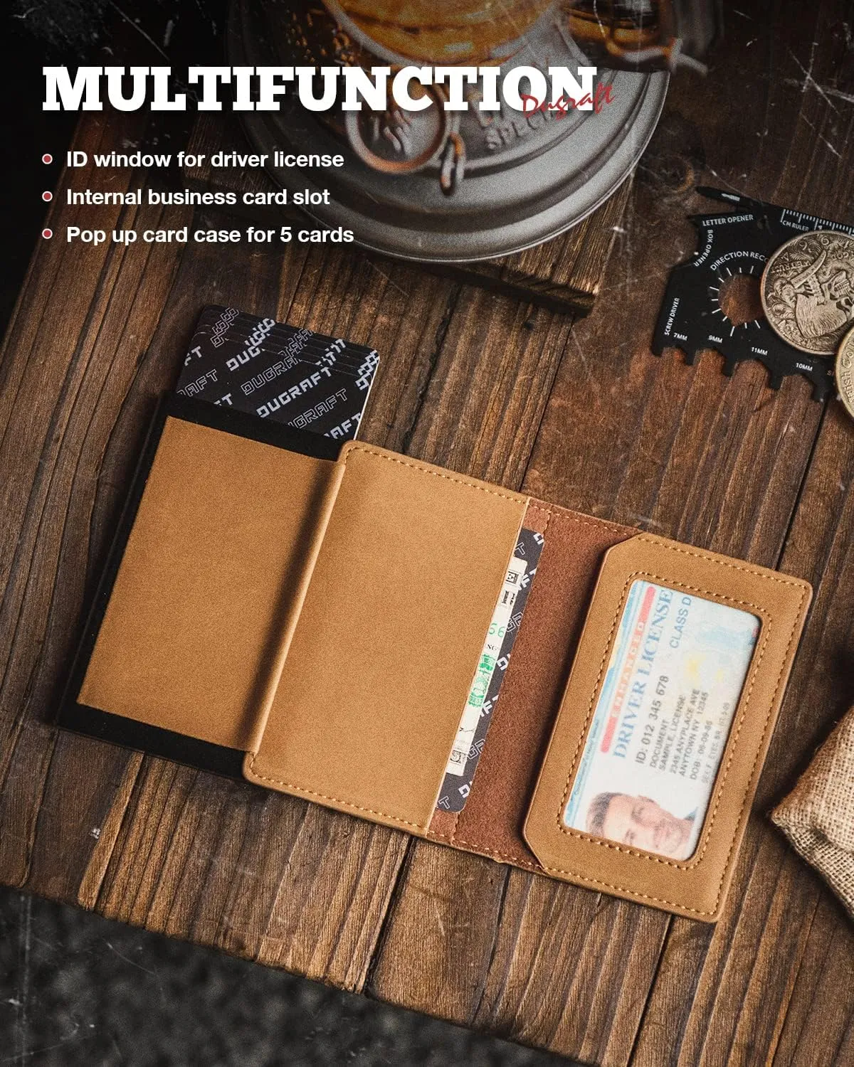 DUGRAFT Slim Card Holder for Men with Aluminum POP UP Credit Card Ejector RFID Blocking, ID Window and 4 Card Slots, Minimalist Front Pocket Wallet for Max. 10 Cards, Light Brown