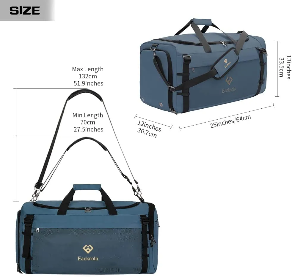 Eackrola Large Sports Gym Bag, Travel Duffel bag with Wet Pocket & Shoes Compartment for men women, 65L, Lightweight（Haze Blue）