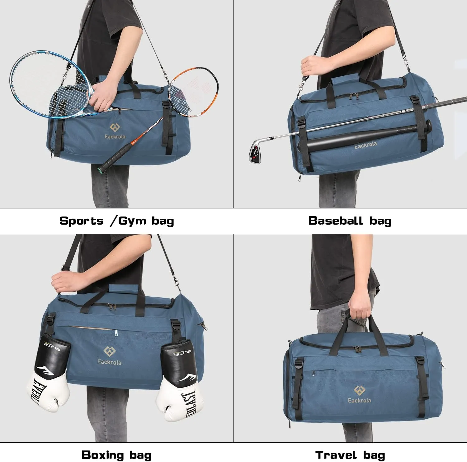Eackrola Large Sports Gym Bag, Travel Duffel bag with Wet Pocket & Shoes Compartment for men women, 65L, Lightweight（Haze Blue）