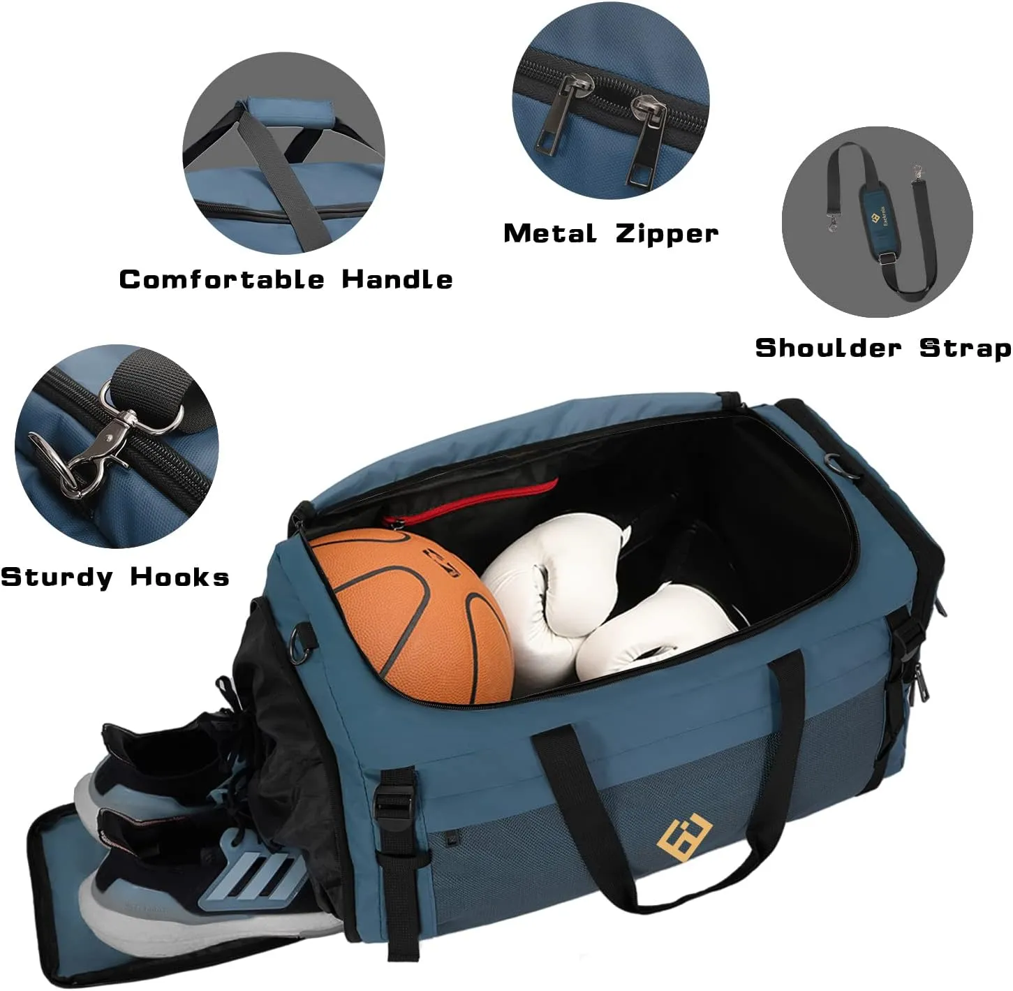 Eackrola Large Sports Gym Bag, Travel Duffel bag with Wet Pocket & Shoes Compartment for men women, 65L, Lightweight（Haze Blue）