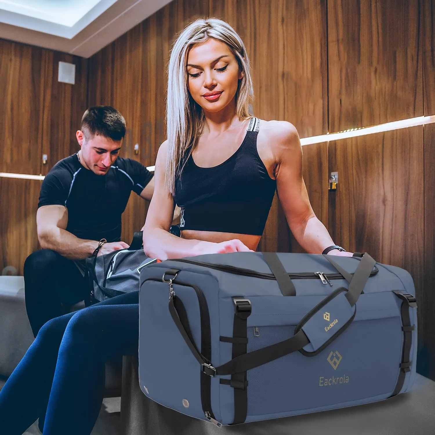 Eackrola Large Sports Gym Bag, Travel Duffel bag with Wet Pocket & Shoes Compartment for men women, 65L, Lightweight（Haze Blue）