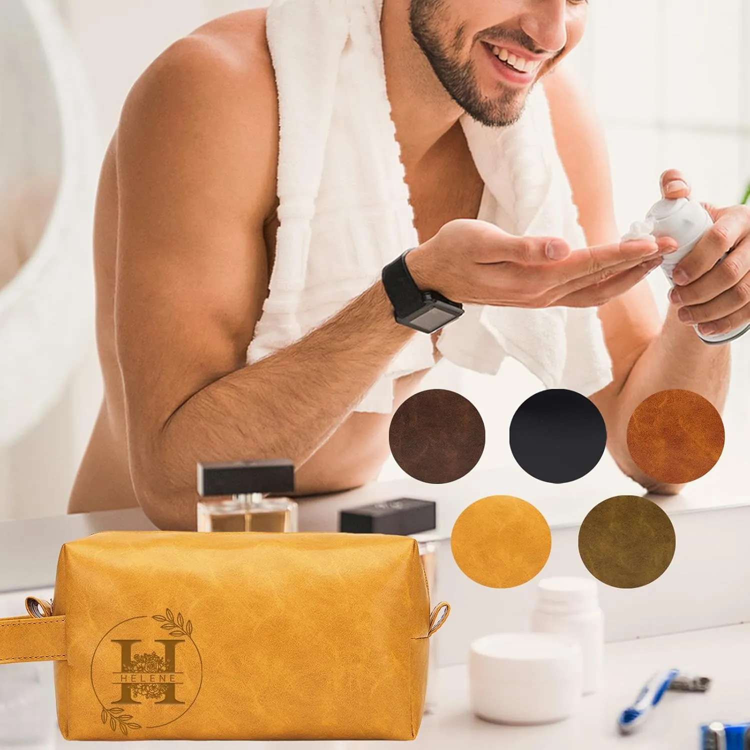EAQ Personalized Toiletry Bag for Men, Personalized Leather Dopp Kits Customizable Travel Organizer Engraved Name/Logo for Husband, Boyfriend, Dad, Wedding, Anniversary, Gift