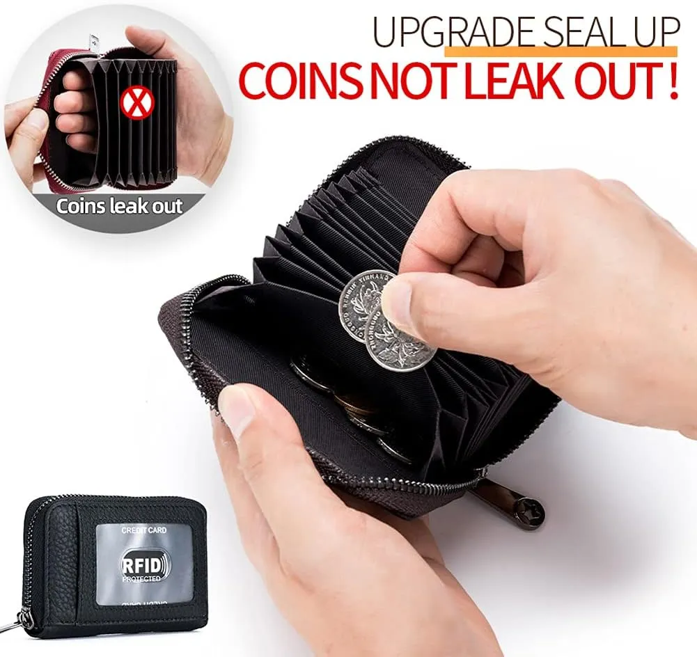 EASTNIGHTS Genuine Leather Credit Card Wallet Accordion Zipper Rfid Credit Card Holder Small Coin Purse with ID Window (black)