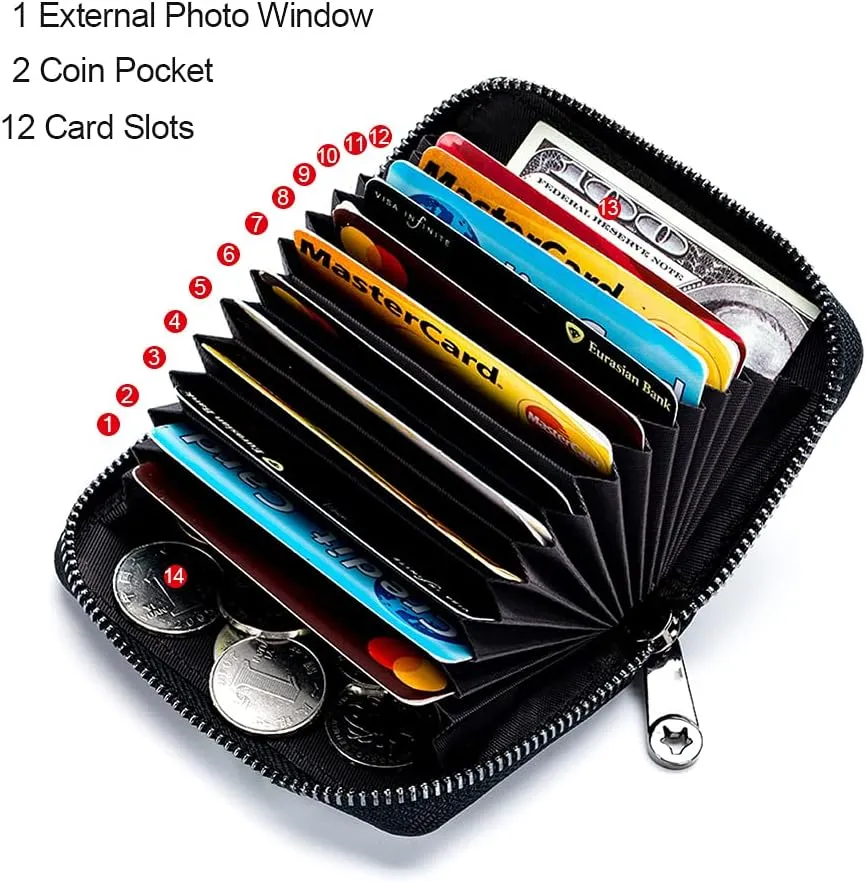 EASTNIGHTS Genuine Leather Credit Card Wallet Accordion Zipper Rfid Credit Card Holder Small Coin Purse with ID Window (black)