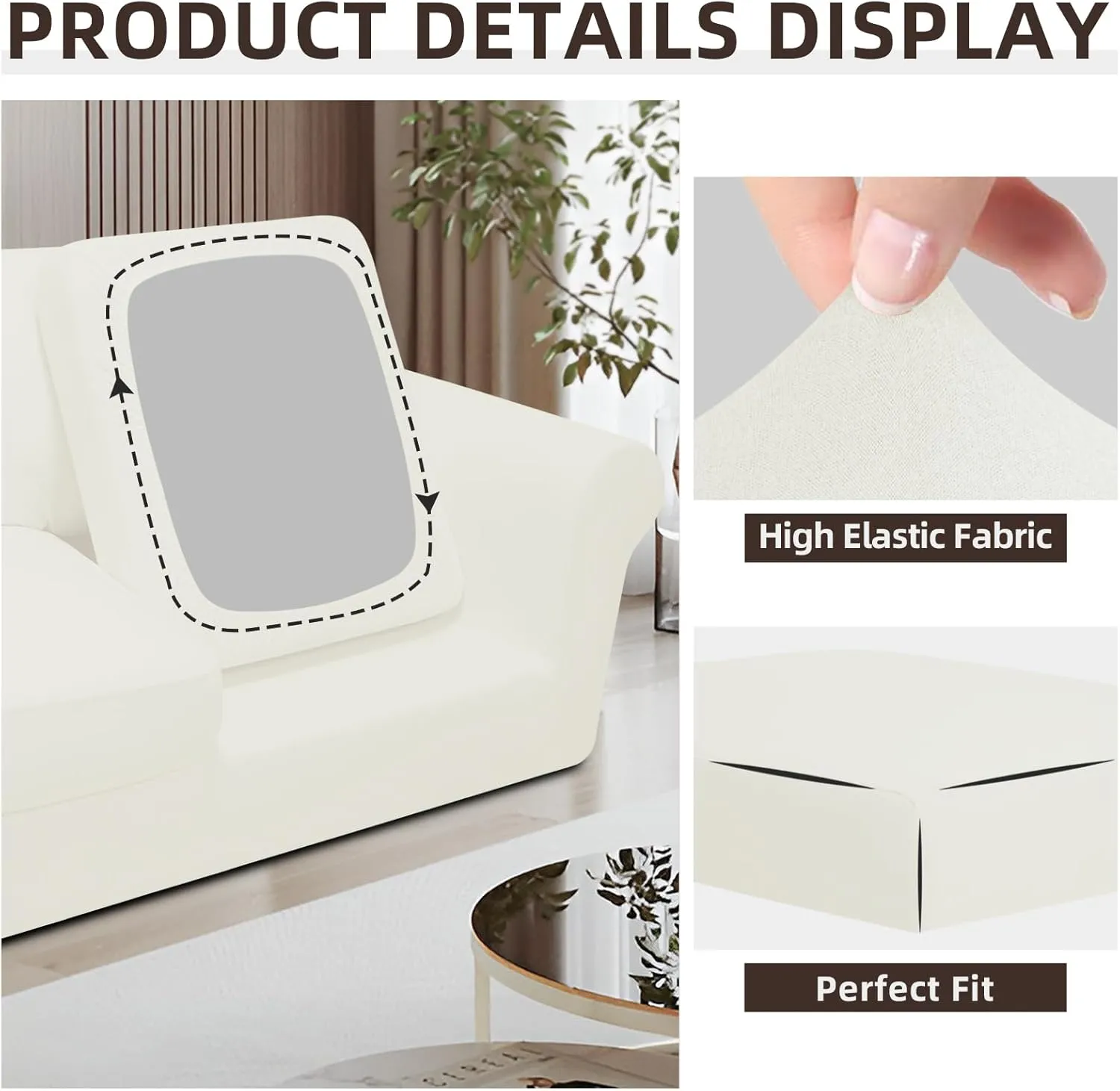 Easy-Going 7 Pieces Stretch Couch Cover Washable Sofa Cover Set for 3 Backrest and Seat Cushion Couch Anti-Slip Sofa Slipcover Furniture Protector with Elastic Bottom (Large, Ivory)