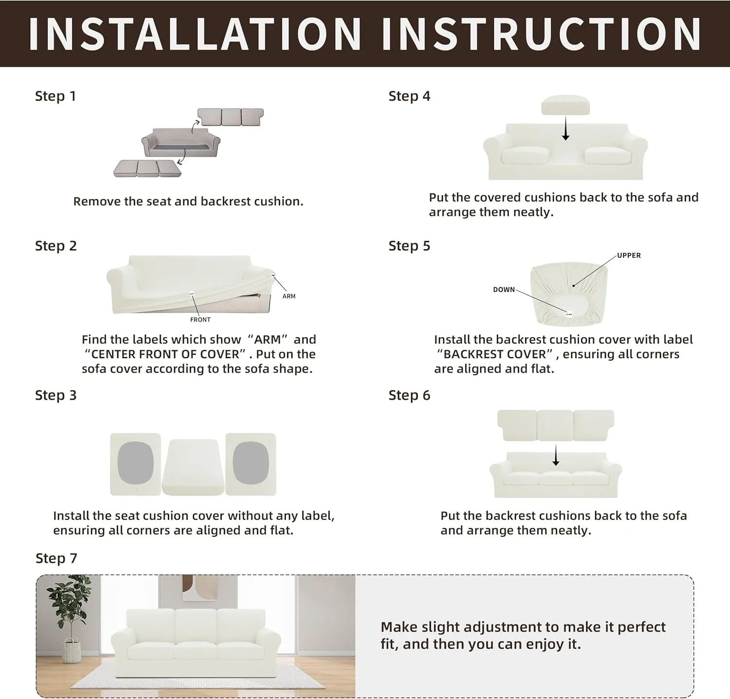 Easy-Going 7 Pieces Stretch Couch Cover Washable Sofa Cover Set for 3 Backrest and Seat Cushion Couch Anti-Slip Sofa Slipcover Furniture Protector with Elastic Bottom (Large, Ivory)