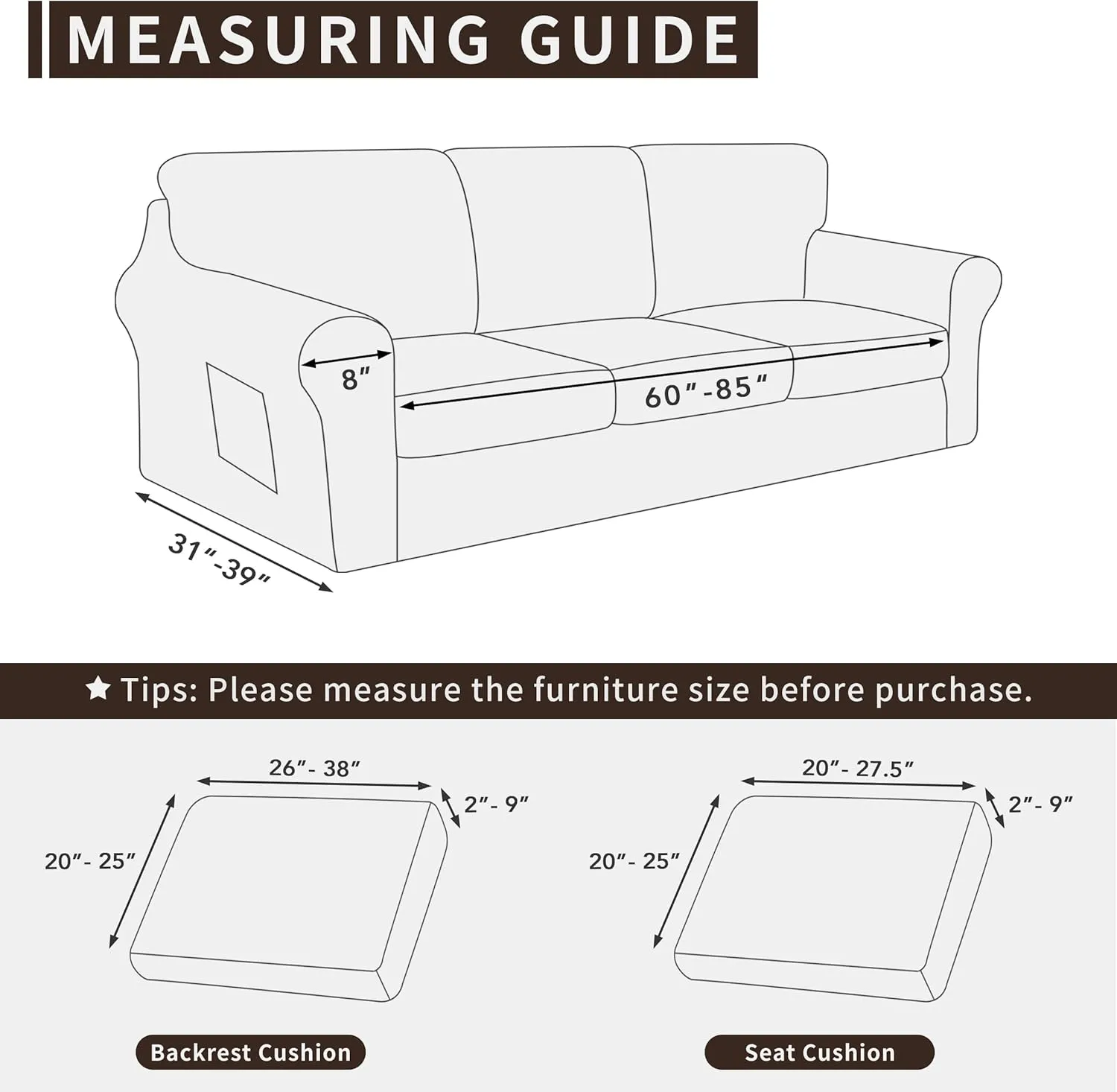 Easy-Going 7 Pieces Stretch Couch Cover Washable Sofa Cover Set for 3 Backrest and Seat Cushion Couch Anti-Slip Sofa Slipcover Furniture Protector with Elastic Bottom (Large, Ivory)