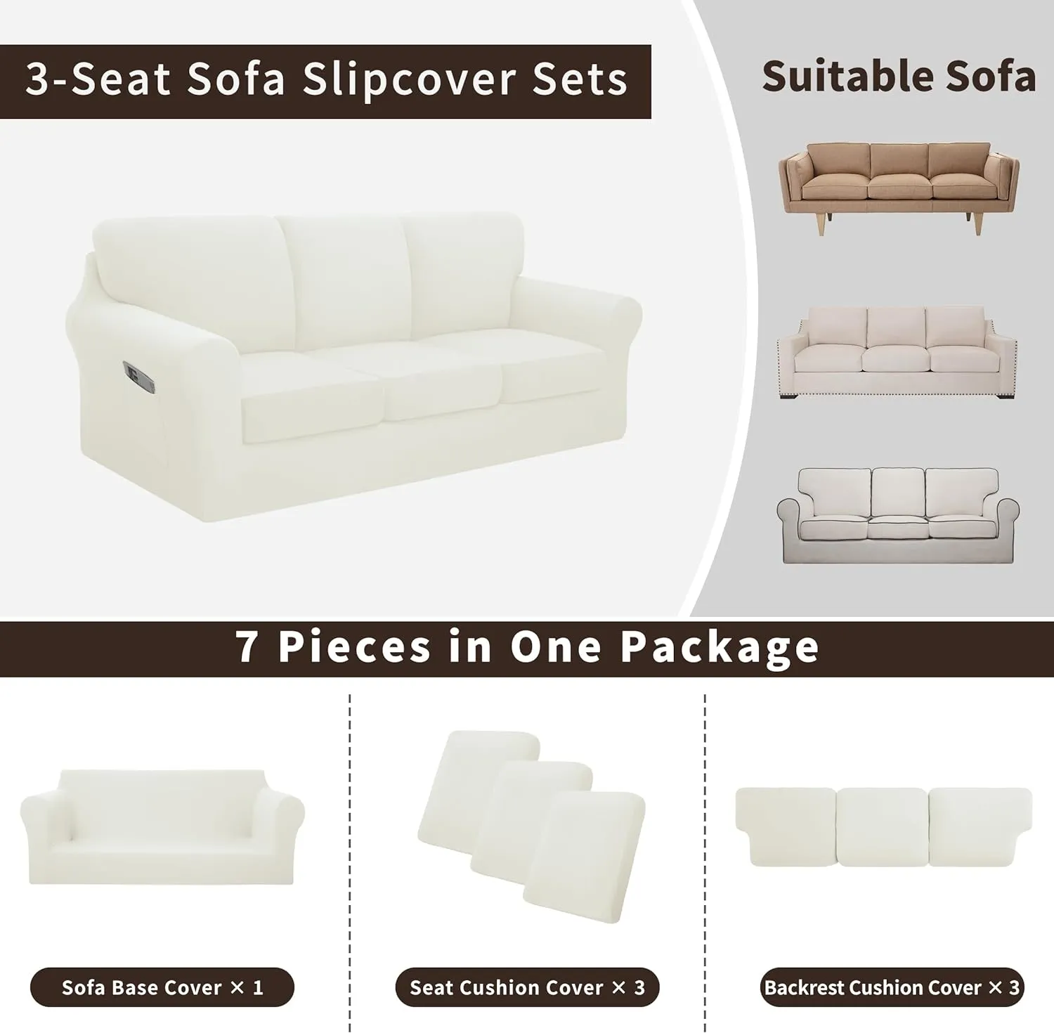 Easy-Going 7 Pieces Stretch Couch Cover Washable Sofa Cover Set for 3 Backrest and Seat Cushion Couch Anti-Slip Sofa Slipcover Furniture Protector with Elastic Bottom (Large, Ivory)