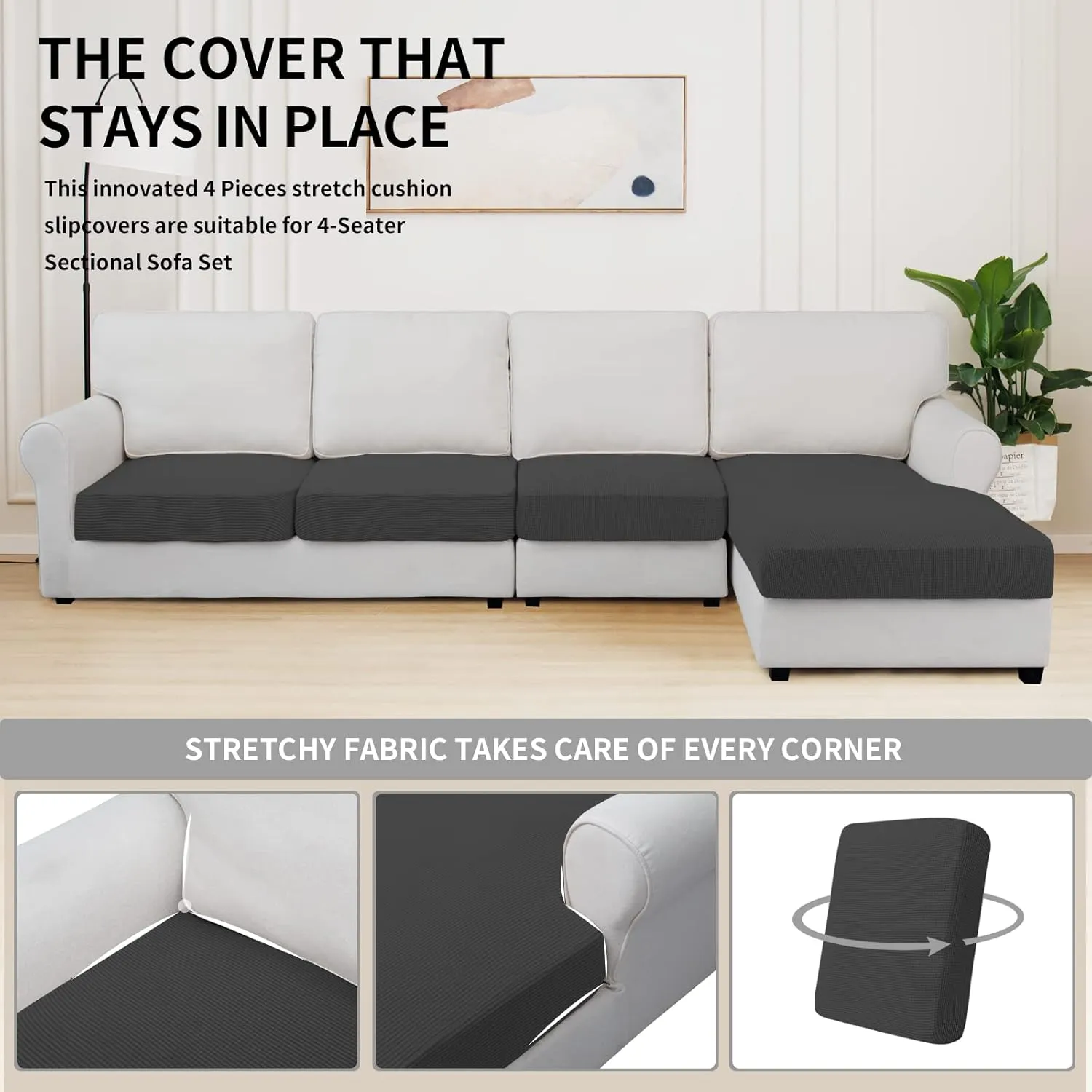 Easy-Going Stretch 4 Pieces Couch Cushion Covers for Sectional Sofa Left/Right L Shape Chaise Lounge Sofa Seat slipcover Anti-Slip Sofa Cover Soft (3 Seater   1 Chaise, Dark Gray)