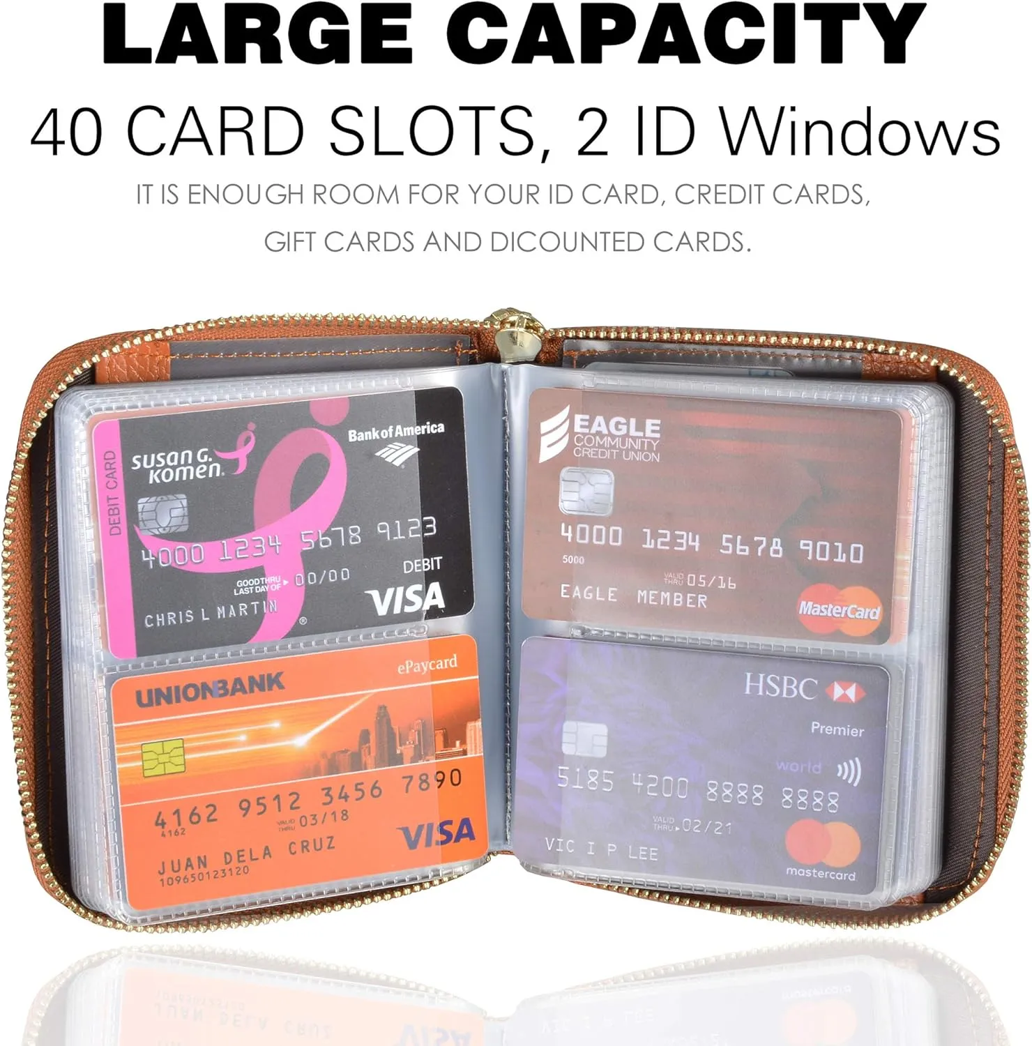 Easyoulife Womens Credit Card Holder Wallet Zip Leather Card Case RFID Blocking (Brown)