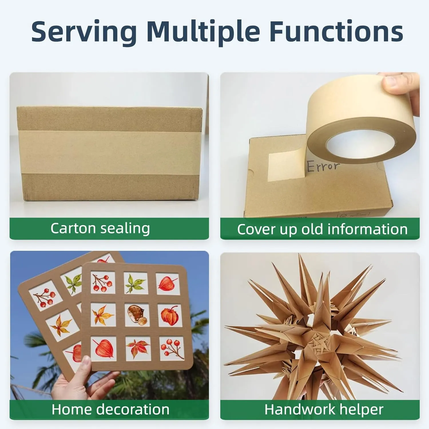 Eco-Friendly Brown Packing Tape, Recyclable Kraft Paper Tape for Moving & Shipping, 2 Inch x 66 Yards x 6 Rolls, Odorless and Quiet, Box & Carton Sealing, Heavy Duty Packaging Supplies