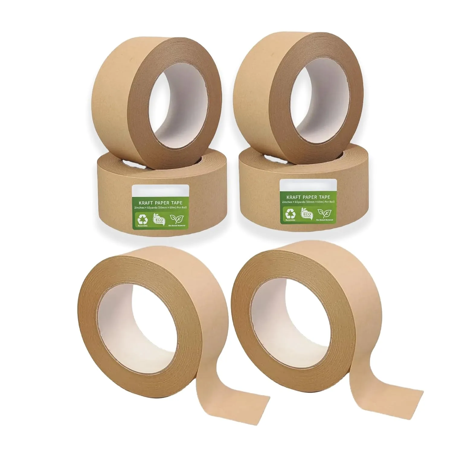 Eco-Friendly Brown Packing Tape, Recyclable Kraft Paper Tape for Moving & Shipping, 2 Inch x 66 Yards x 6 Rolls, Odorless and Quiet, Box & Carton Sealing, Heavy Duty Packaging Supplies
