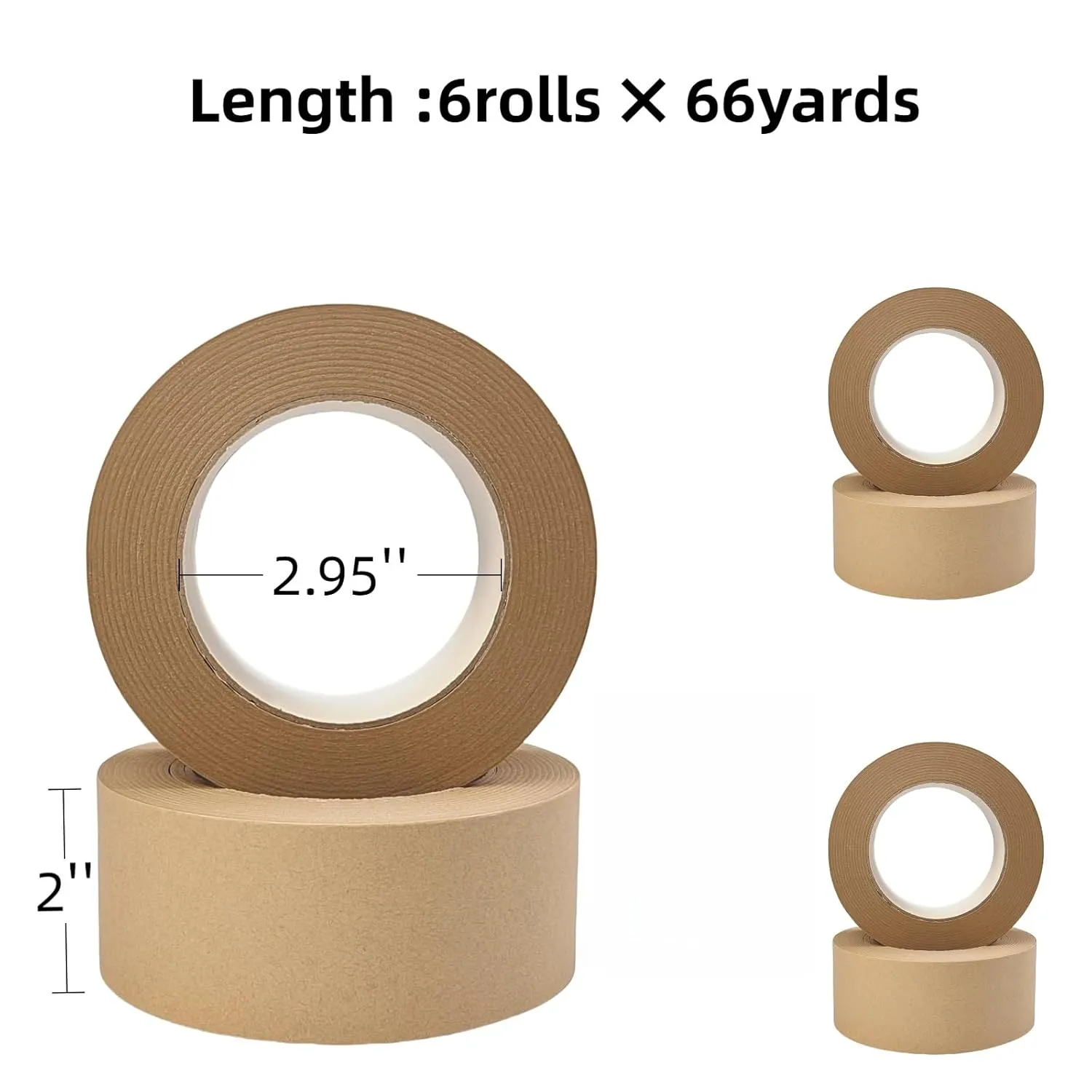 Eco-Friendly Brown Packing Tape, Recyclable Kraft Paper Tape for Moving & Shipping, 2 Inch x 66 Yards x 6 Rolls, Odorless and Quiet, Box & Carton Sealing, Heavy Duty Packaging Supplies