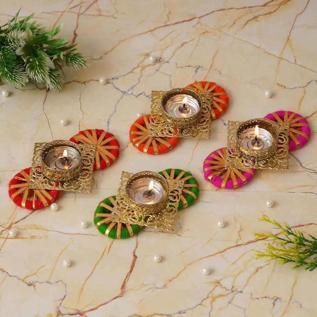 eCraftIndia Set of 4 Decorative Tea Light Candle Holders (Green, Pink, Red, Orange)