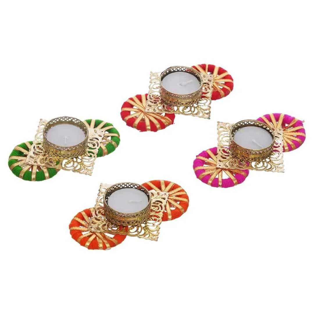 eCraftIndia Set of 4 Decorative Tea Light Candle Holders (Green, Pink, Red, Orange)