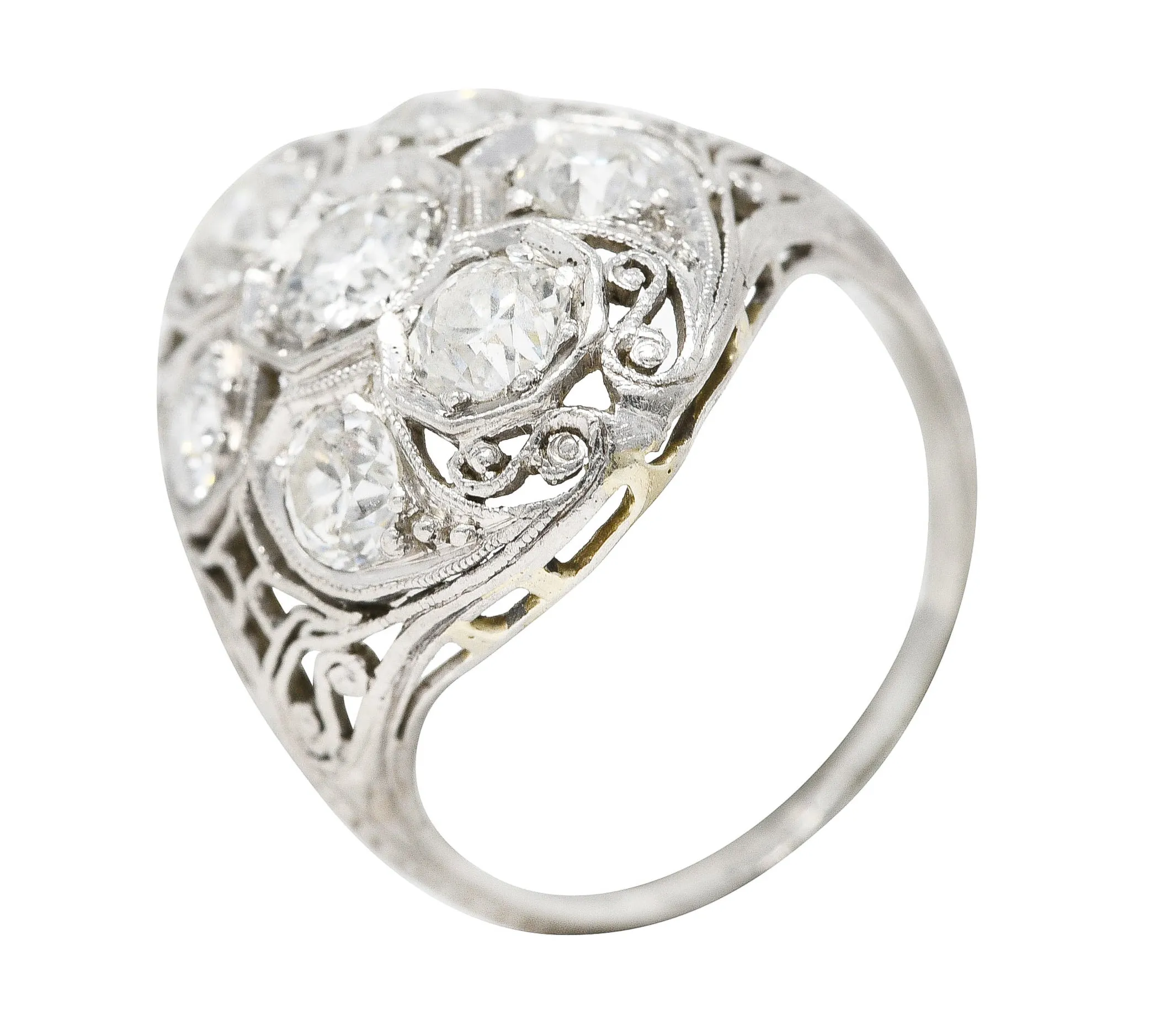 Edwardian 1.93 CTW Old European Cut Diamond Platinum Scrolling Antique Cluster Dinner Ring