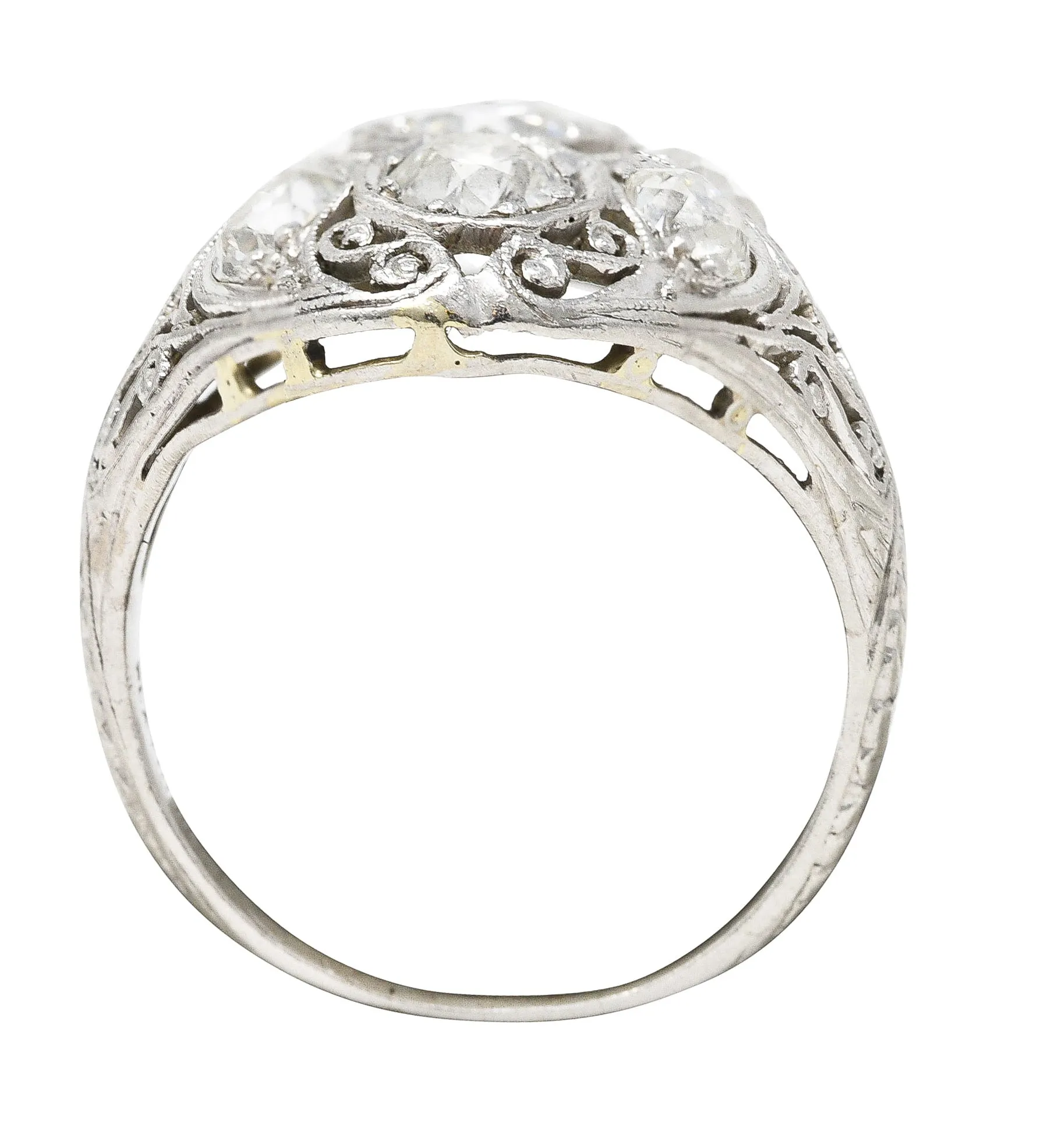 Edwardian 1.93 CTW Old European Cut Diamond Platinum Scrolling Antique Cluster Dinner Ring