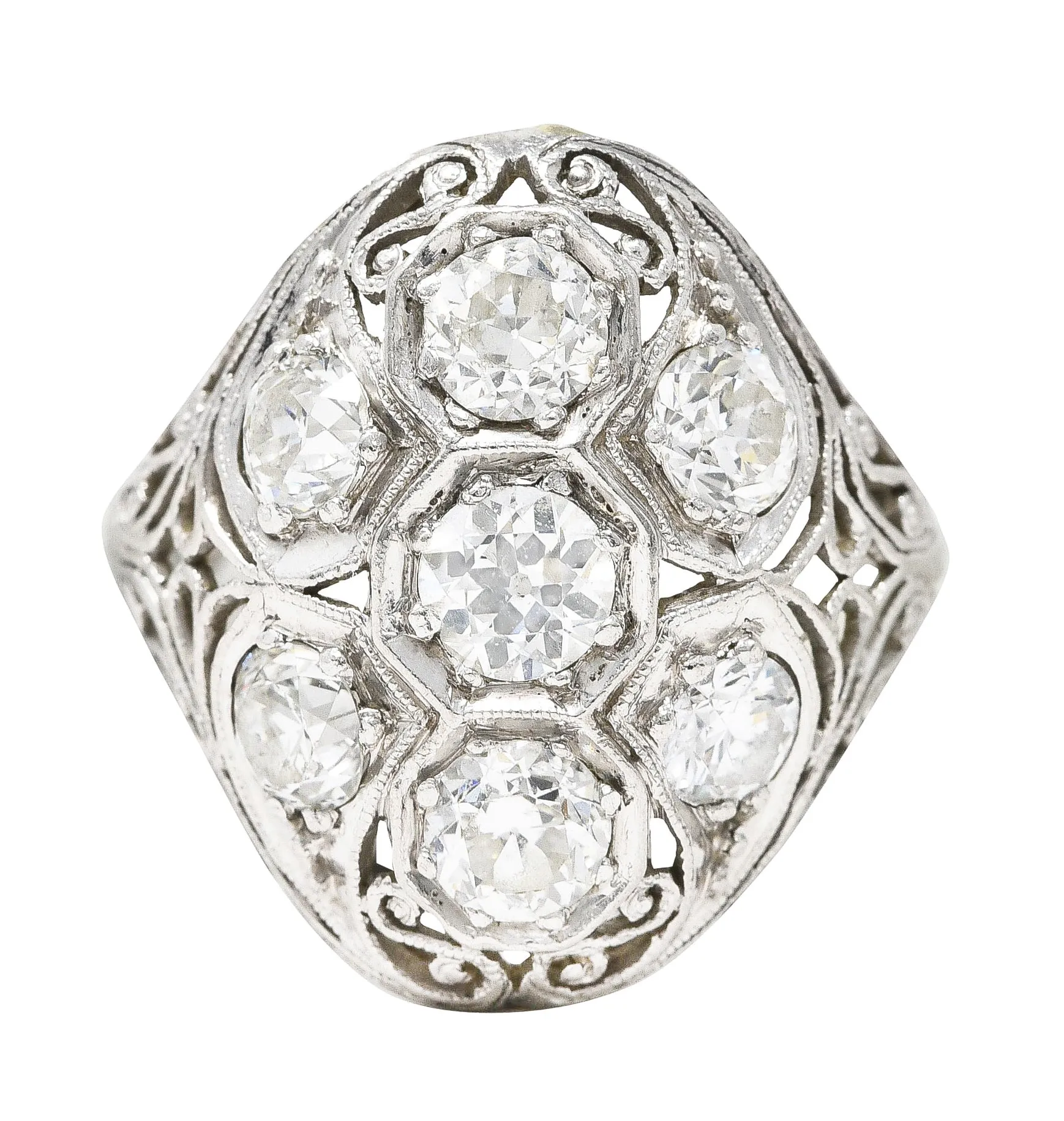 Edwardian 1.93 CTW Old European Cut Diamond Platinum Scrolling Antique Cluster Dinner Ring