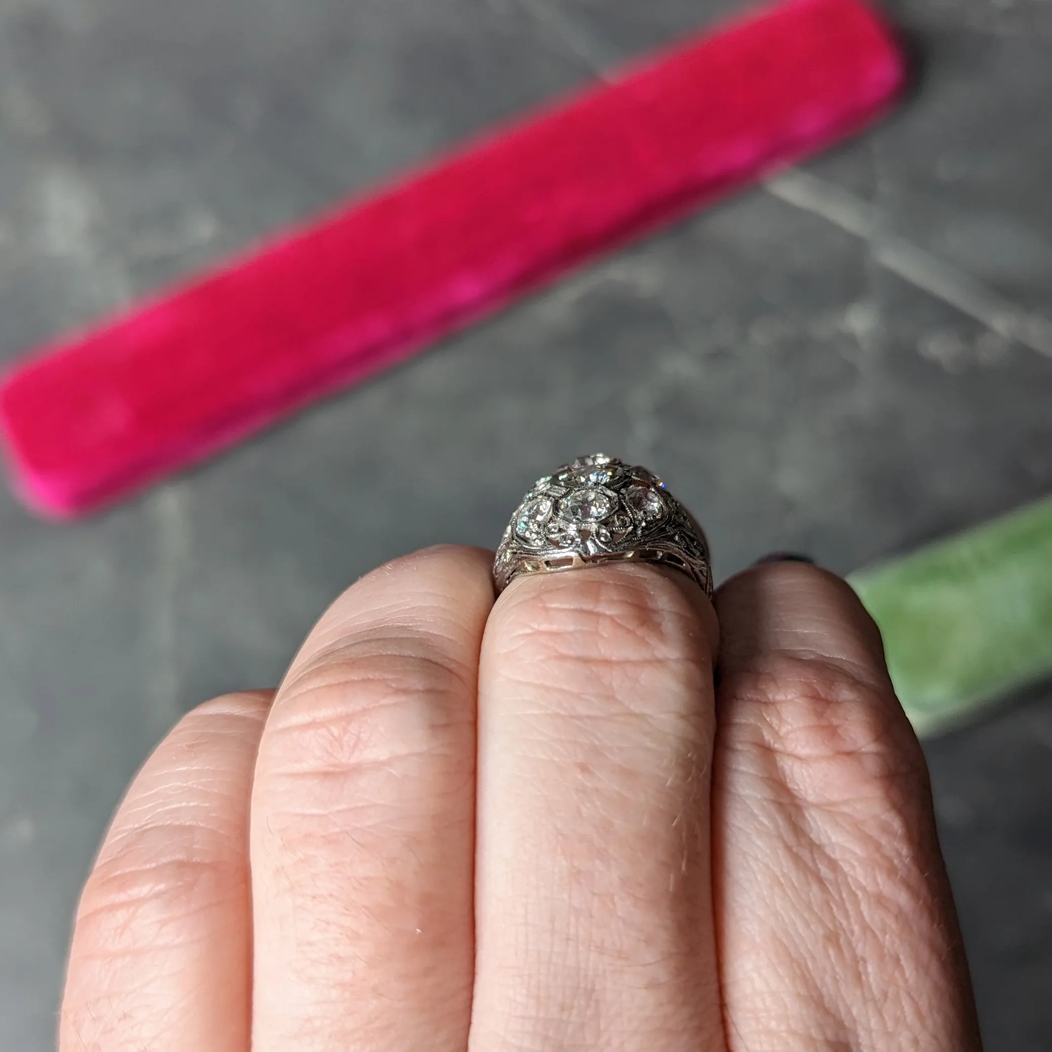 Edwardian 1.93 CTW Old European Cut Diamond Platinum Scrolling Antique Cluster Dinner Ring