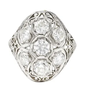 Edwardian 1.93 CTW Old European Cut Diamond Platinum Scrolling Antique Cluster Dinner Ring