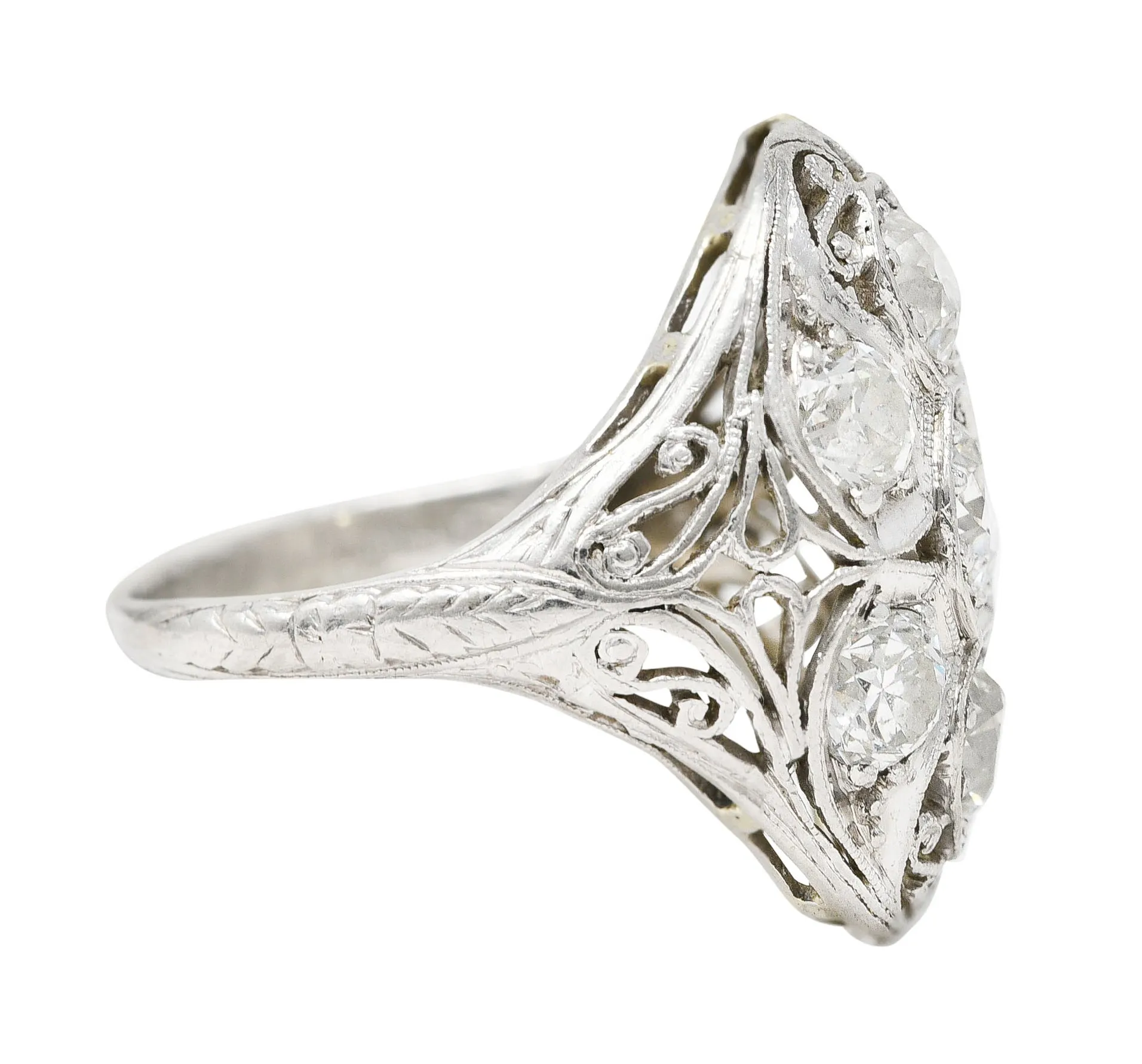 Edwardian 1.93 CTW Old European Cut Diamond Platinum Scrolling Antique Cluster Dinner Ring