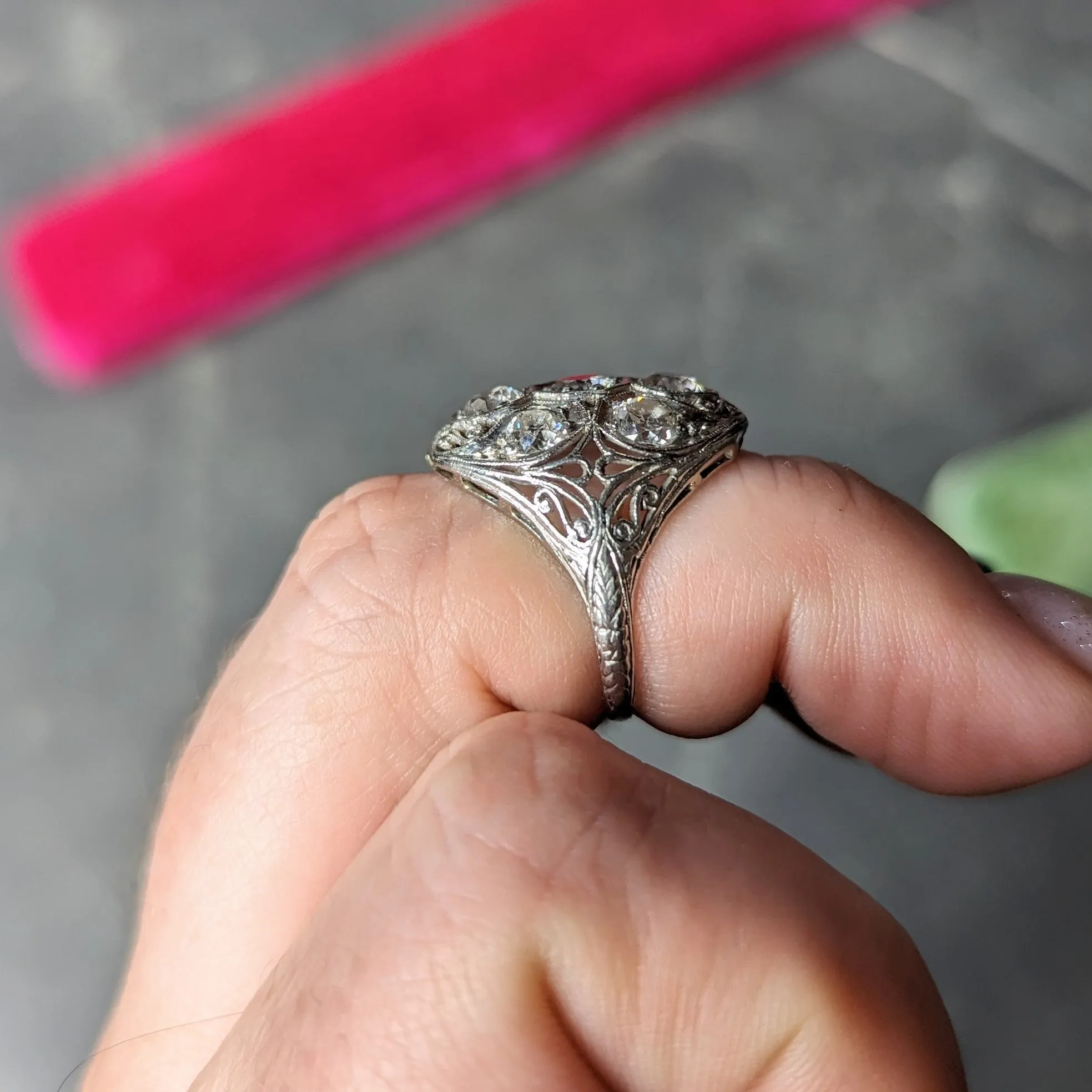 Edwardian 1.93 CTW Old European Cut Diamond Platinum Scrolling Antique Cluster Dinner Ring