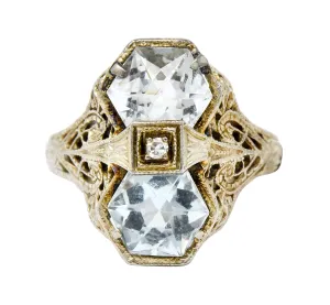 Edwardian Aquamarine Diamond 14 Karat White Gold Dinner Ring