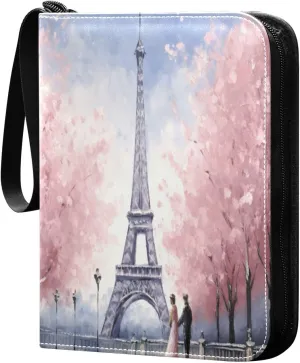Eiffel Tower Painting Card Binder with Double Sided PU Leather Holder Albums Book with 400 Pockets for Collectible Trading Card Games Card