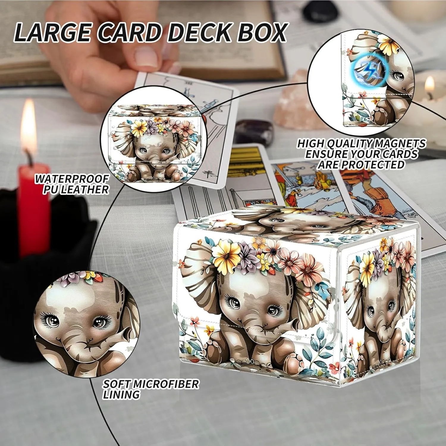 Elephant With Colorful Flowers Card Deck Box Trading Cards with Strong Magnet Commander Deck Box Card Storage Box Magic Premium Card Storage Box Case Cover for TCG CCG Magic Cards