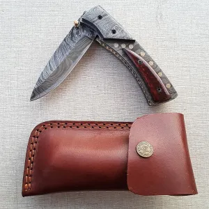 Elite Full Damask Steel Pocket Knife | Folding Knife | Damask Steel, Rosewood, Mosaic Pen Handle | Handmade Outdoor Damascus Knife Camping Knife | FK21