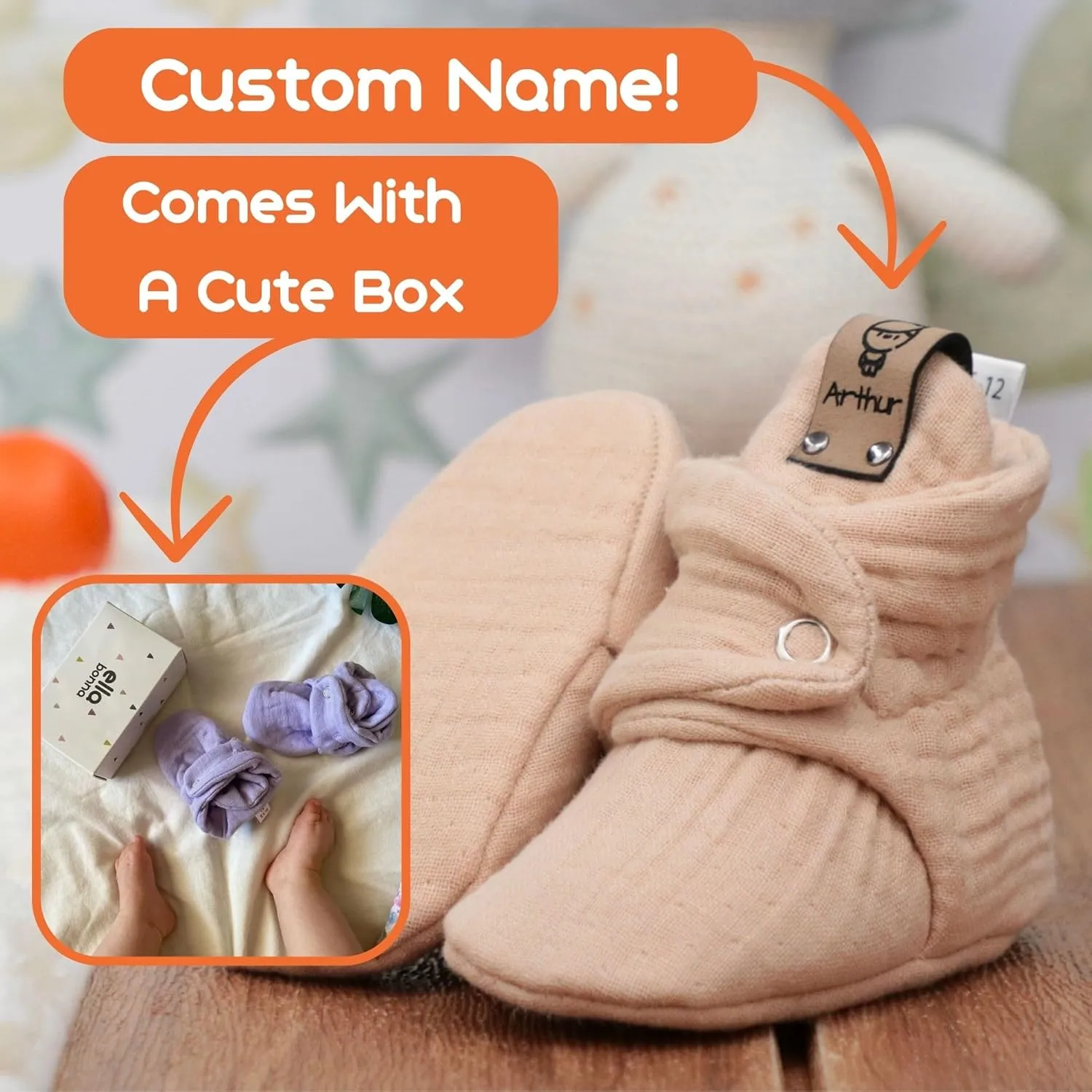Ella Bonna Personalized Baby Shoe Gift, Baby Gifts for Boys Custom, Customizable Baby Shower Gifts for Girls, Gender Neutral Babyshower Gift, Baby Booties Welcome Baby Gift with Name