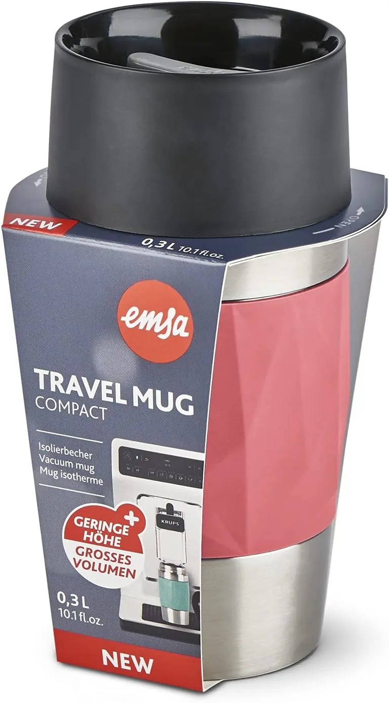 Emsa N21604 Travel Mug Compact Thermo/Insulated Stainless Steel Mug 0.3 Litres Hot 4 Hours Cold 8 Hours BPA Free 100% Leak Proof Dishwasher Safe 360° Drinking Opening Coral Red