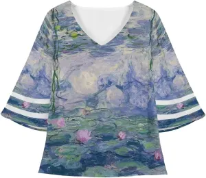 ENLACHIC Women's Van Gogh Print V Neck Mesh Panel Chiffon Blouse 3/4 Bell Sleeve Loose Top Shirt