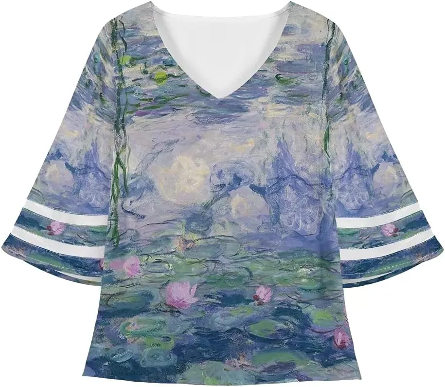 ENLACHIC Women's Van Gogh Print V Neck Mesh Panel Chiffon Blouse 3/4 Bell Sleeve Loose Top Shirt