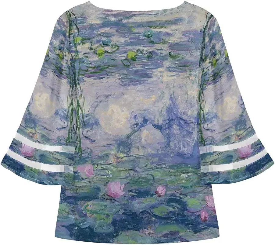 ENLACHIC Women's Van Gogh Print V Neck Mesh Panel Chiffon Blouse 3/4 Bell Sleeve Loose Top Shirt