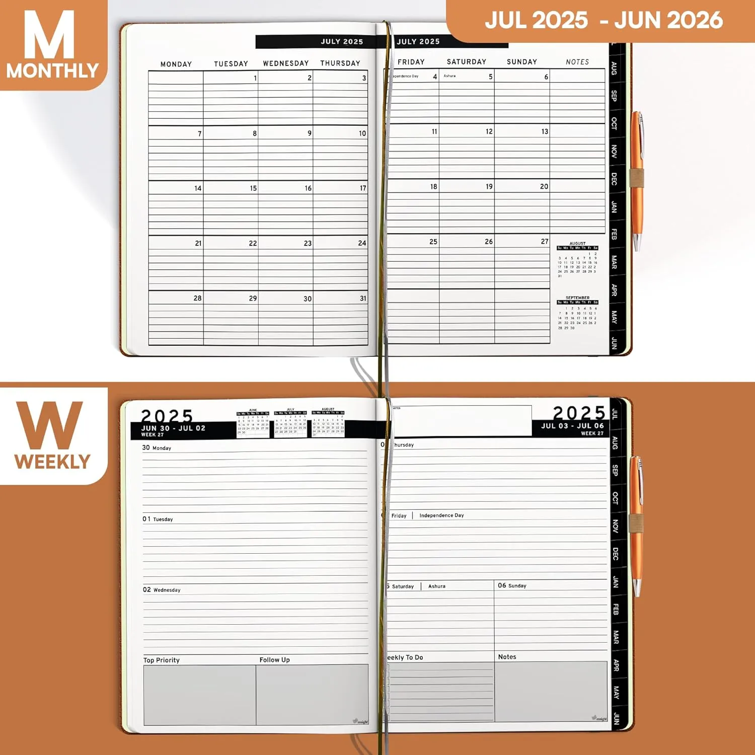 Ensight 2025-2026 HARDCOVER Leather Planner Weekly & Monthly - 8.5x11 Inches - Academic Planner Business Personal or Student - Pen Holder, Thick Paper, July 2025 - June 2026 (Dark Brown)