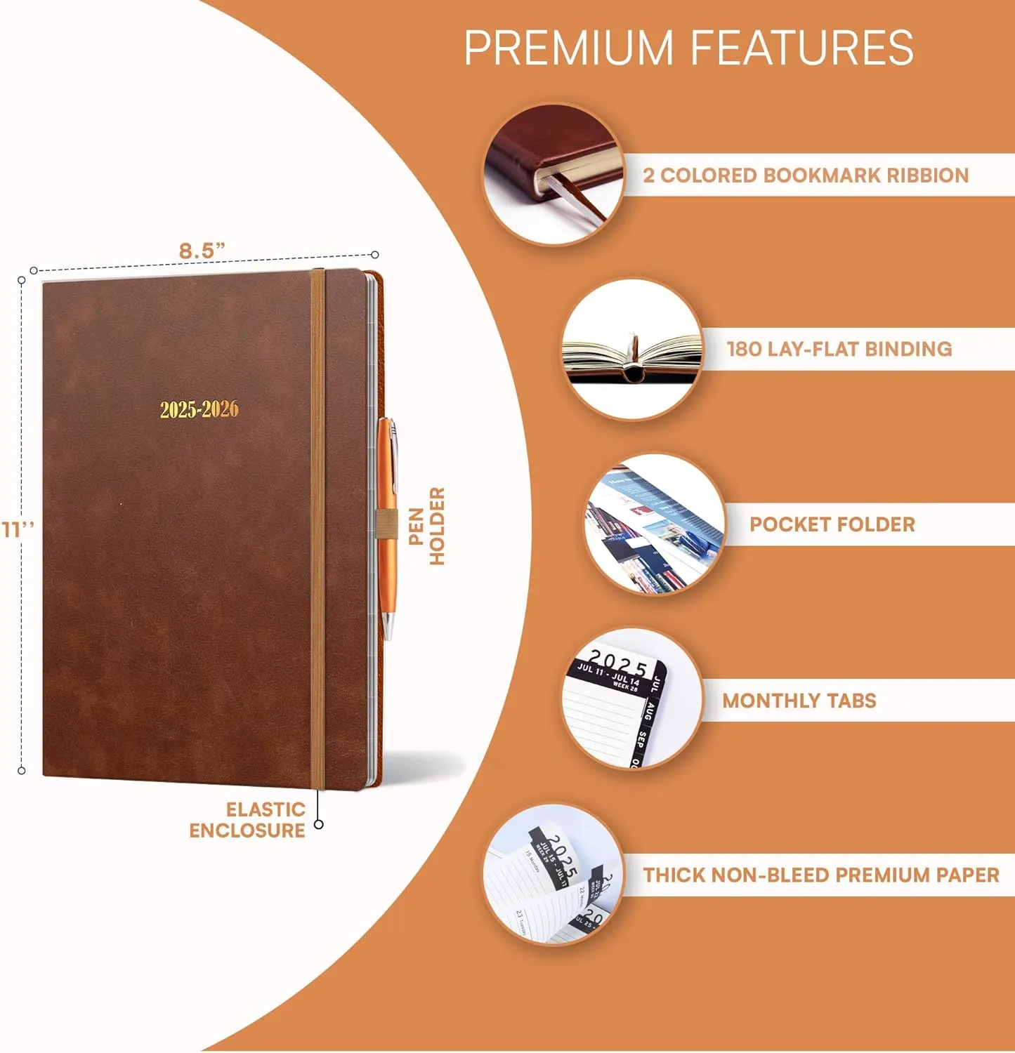 Ensight 2025-2026 HARDCOVER Leather Planner Weekly & Monthly - 8.5x11 Inches - Academic Planner Business Personal or Student - Pen Holder, Thick Paper, July 2025 - June 2026 (Dark Brown)
