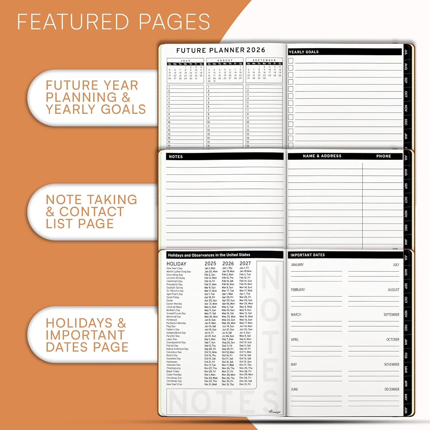 Ensight 2025-2026 HARDCOVER Leather Planner Weekly & Monthly - 8.5x11 Inches - Academic Planner Business Personal or Student - Pen Holder, Thick Paper, July 2025 - June 2026 (Dark Brown)