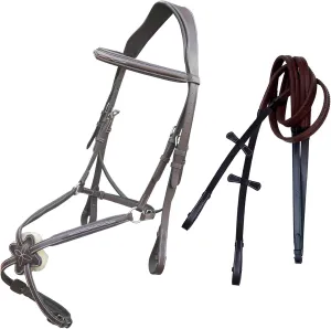Exion Anatomical Figure 8 Bridle with Broad Mono Crown Piece | Fancy Stitching Square Raised Noseband | Soft Padding on Crown, Brow & Noseband | Rubber Grip Reins for Horse