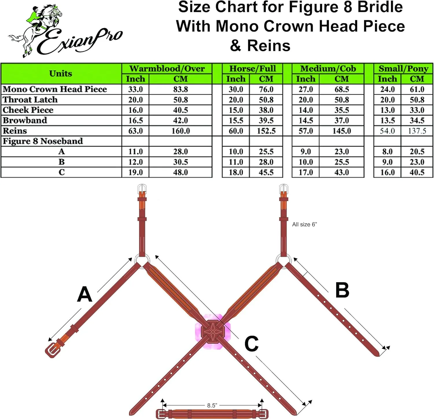 Exion Anatomical Figure 8 Bridle with Broad Mono Crown Piece | Fancy Stitching Square Raised Noseband | Soft Padding on Crown, Brow & Noseband | Rubber Grip Reins for Horse