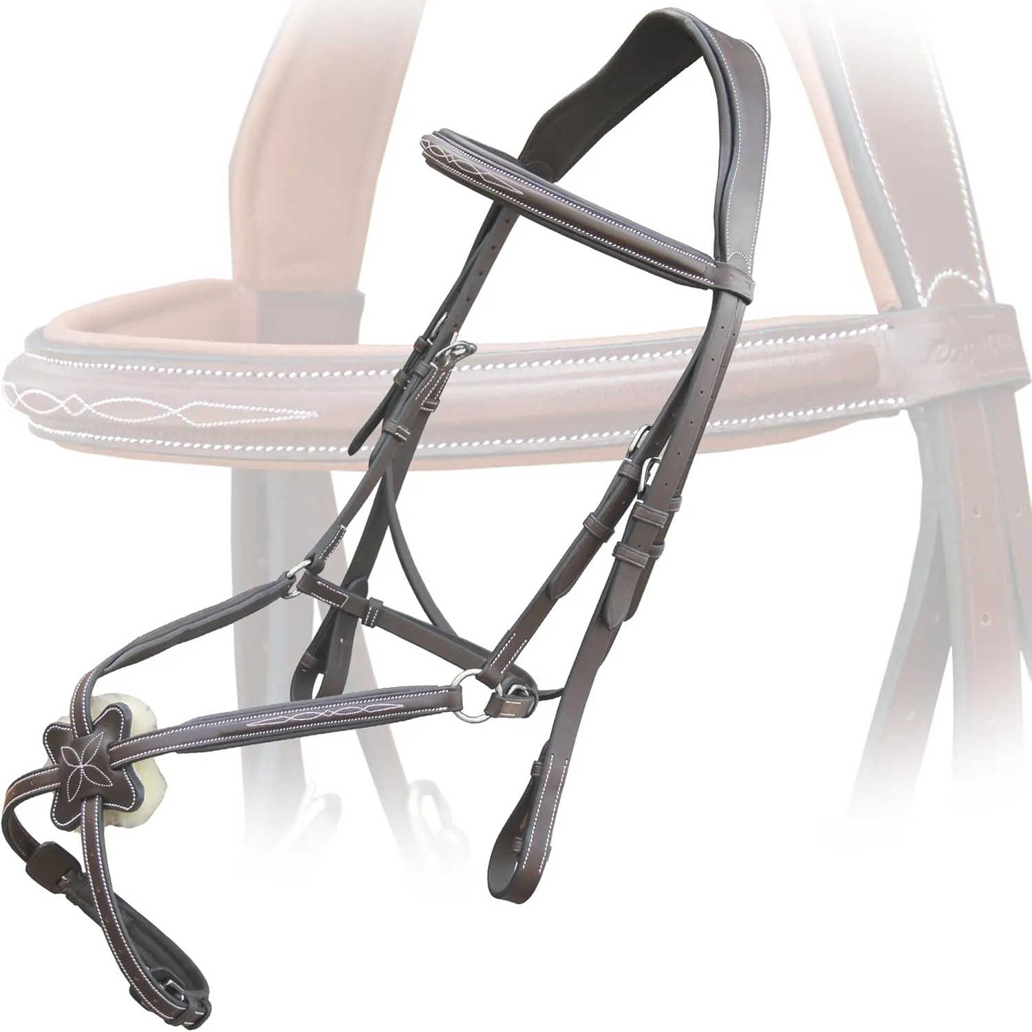 Exion Anatomical Figure 8 Bridle with Broad Mono Crown Piece | Fancy Stitching Square Raised Noseband | Soft Padding on Crown, Brow & Noseband | Rubber Grip Reins for Horse