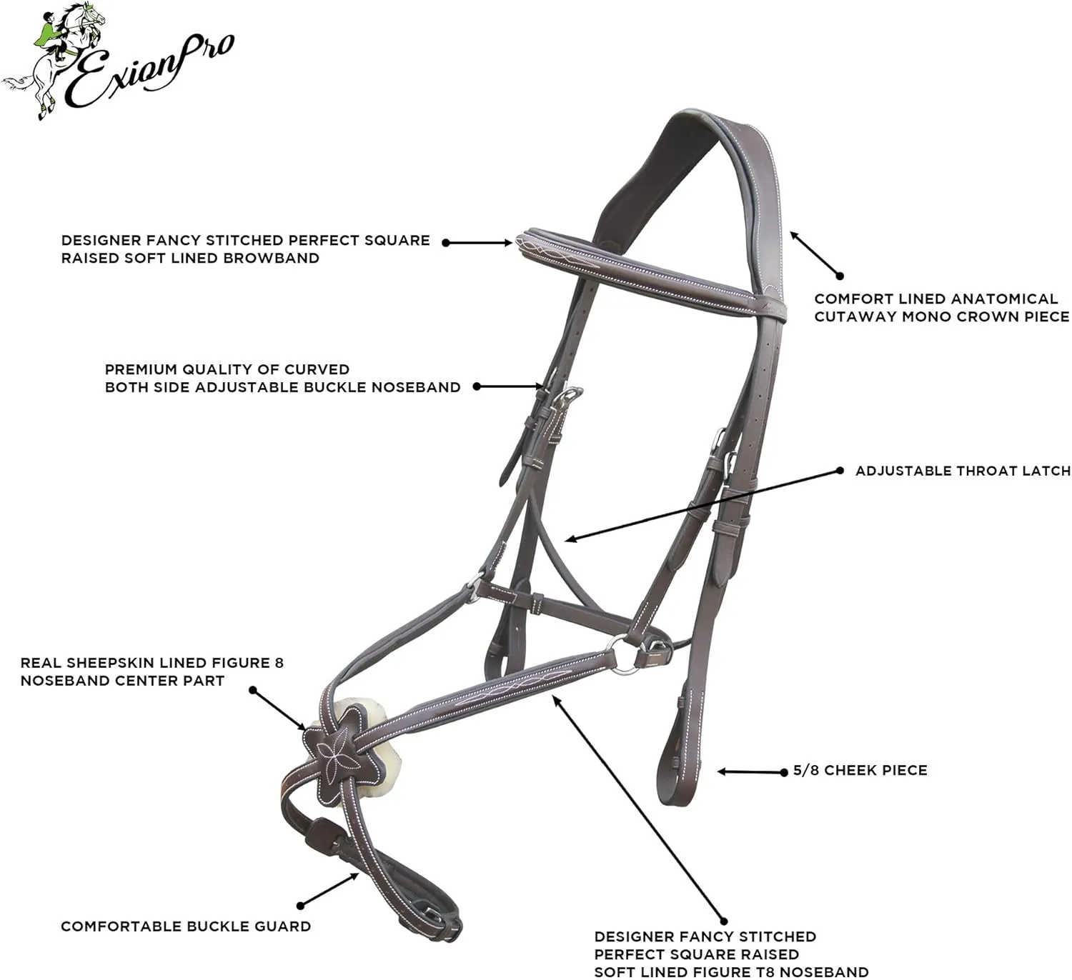 Exion Anatomical Figure 8 Bridle with Broad Mono Crown Piece | Fancy Stitching Square Raised Noseband | Soft Padding on Crown, Brow & Noseband | Rubber Grip Reins for Horse